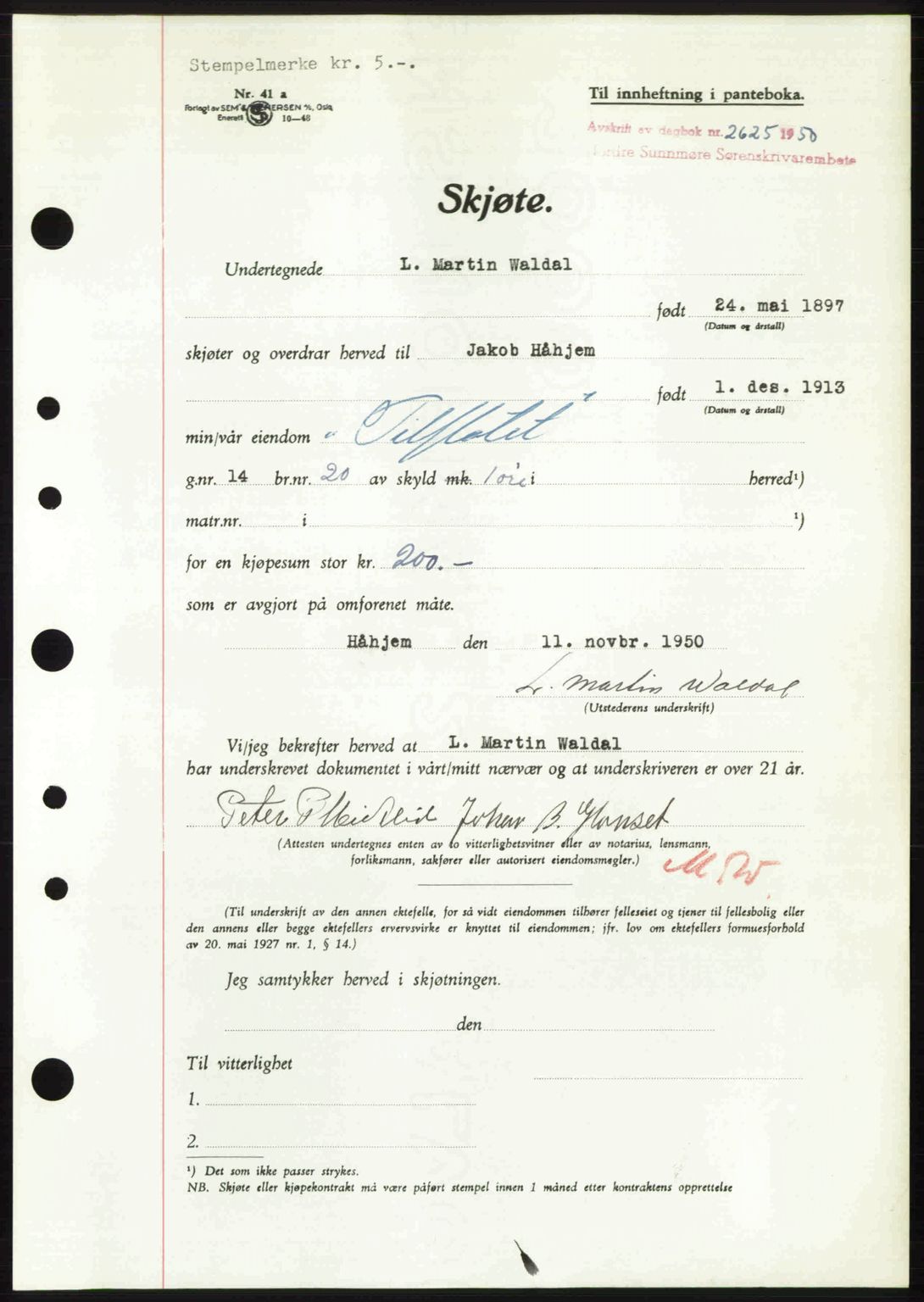 Nordre Sunnmøre sorenskriveri, AV/SAT-A-0006/1/2/2C/2Ca: Mortgage book no. A36, 1950-1950, Diary no: : 2625/1950