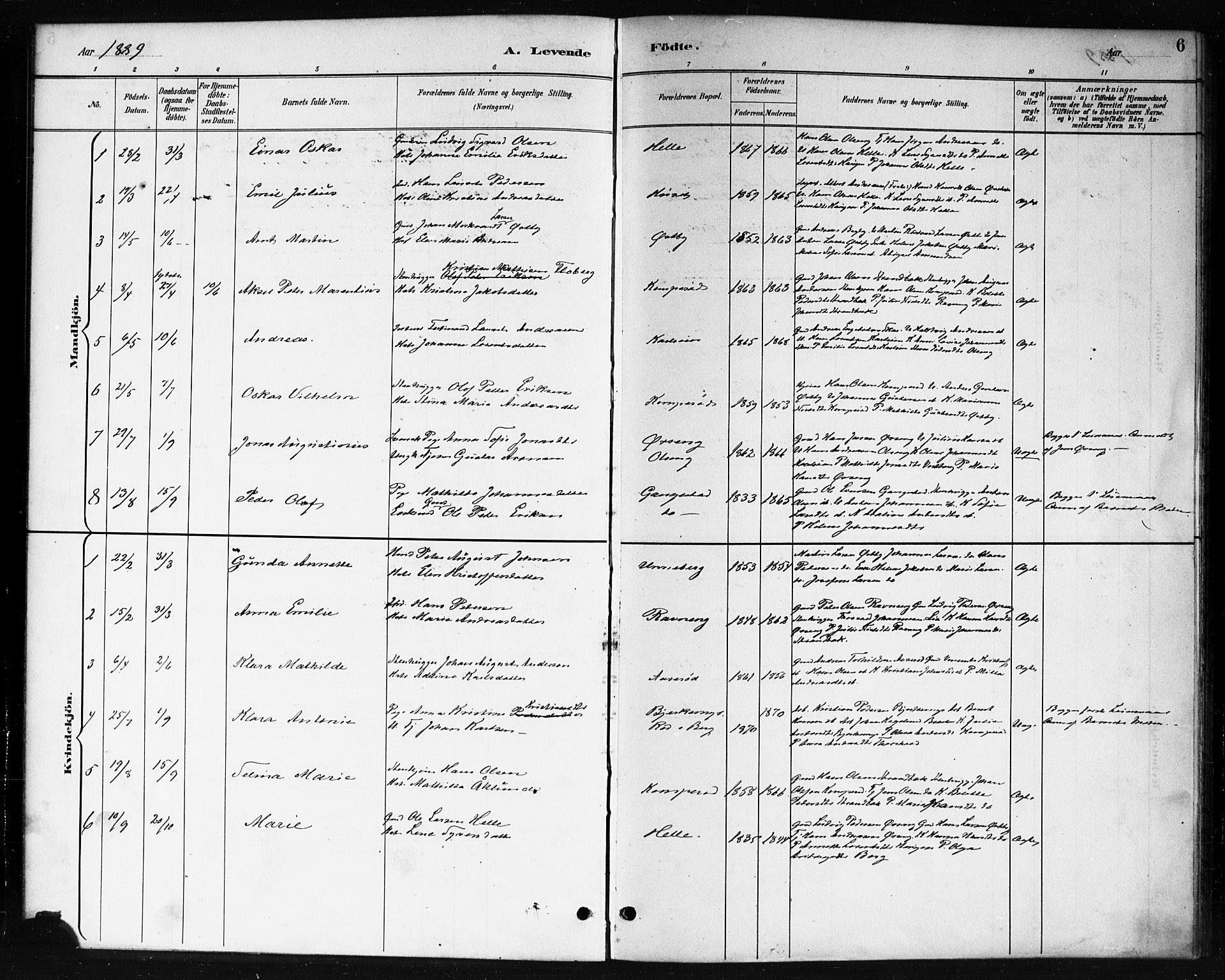 Skjeberg prestekontor Kirkebøker, AV/SAO-A-10923/F/Fb/L0001: Parish register (official) no. II 1, 1886-1894, p. 6
