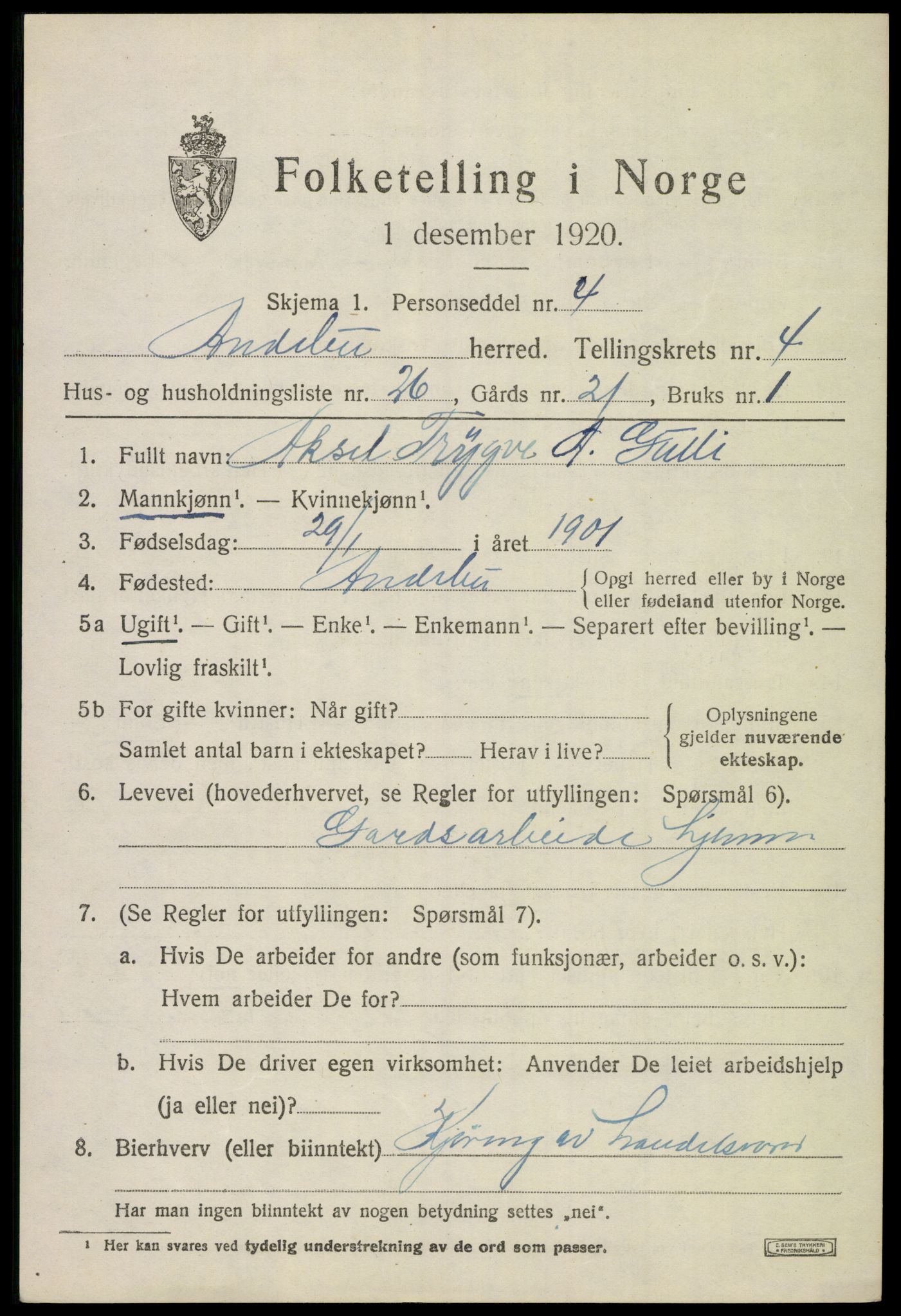 SAKO, 1920 census for Andebu, 1920, p. 2610