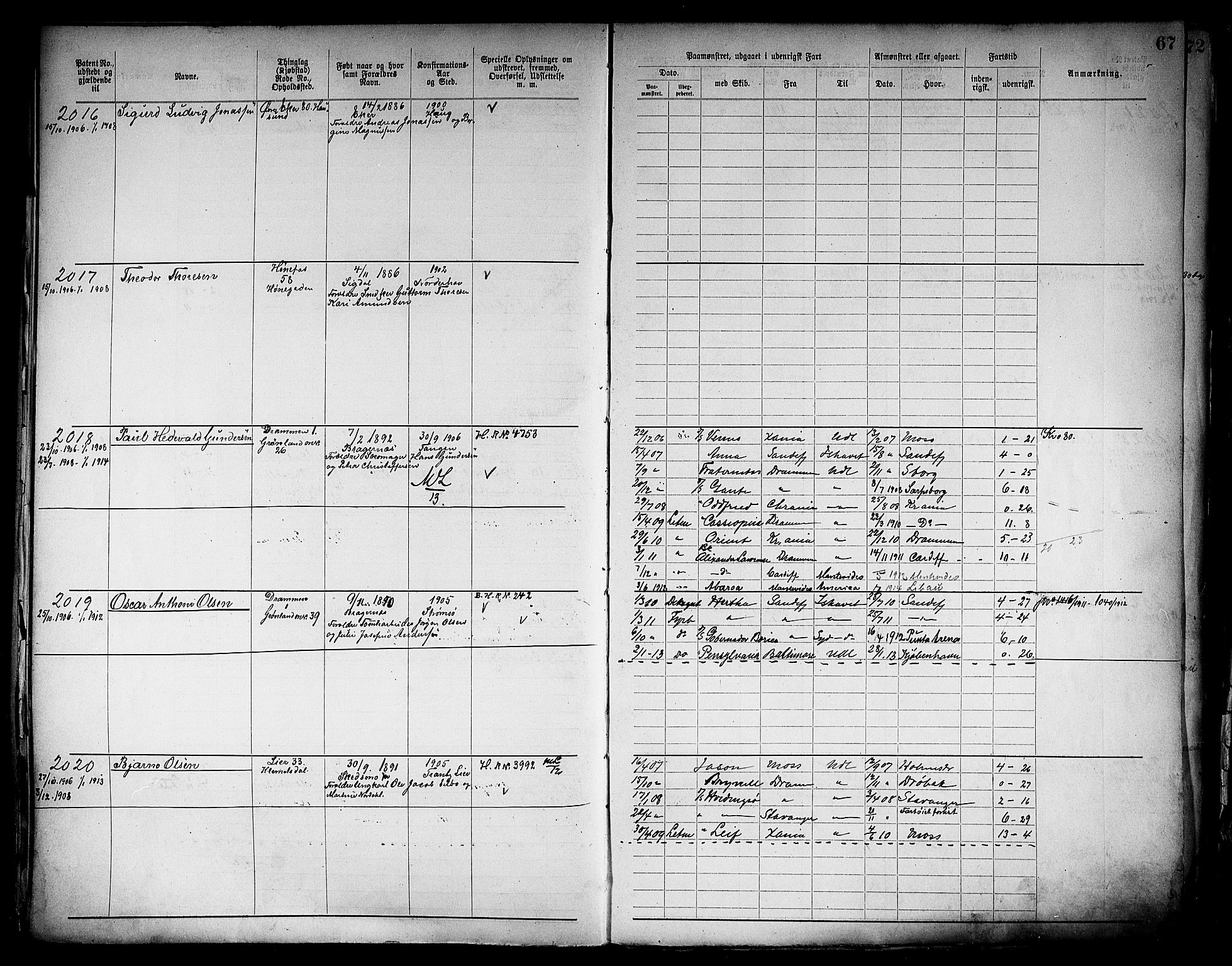 Drammen innrulleringsdistrikt, SAKO/A-781/F/Fb/L0006: Annotasjonsrulle, 1905-1911, p. 69