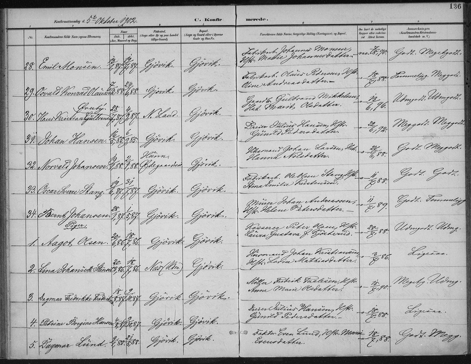 Vardal prestekontor, AV/SAH-PREST-100/H/Ha/Haa/L0013: Parish register (official) no. 13, 1901-1911, p. 136