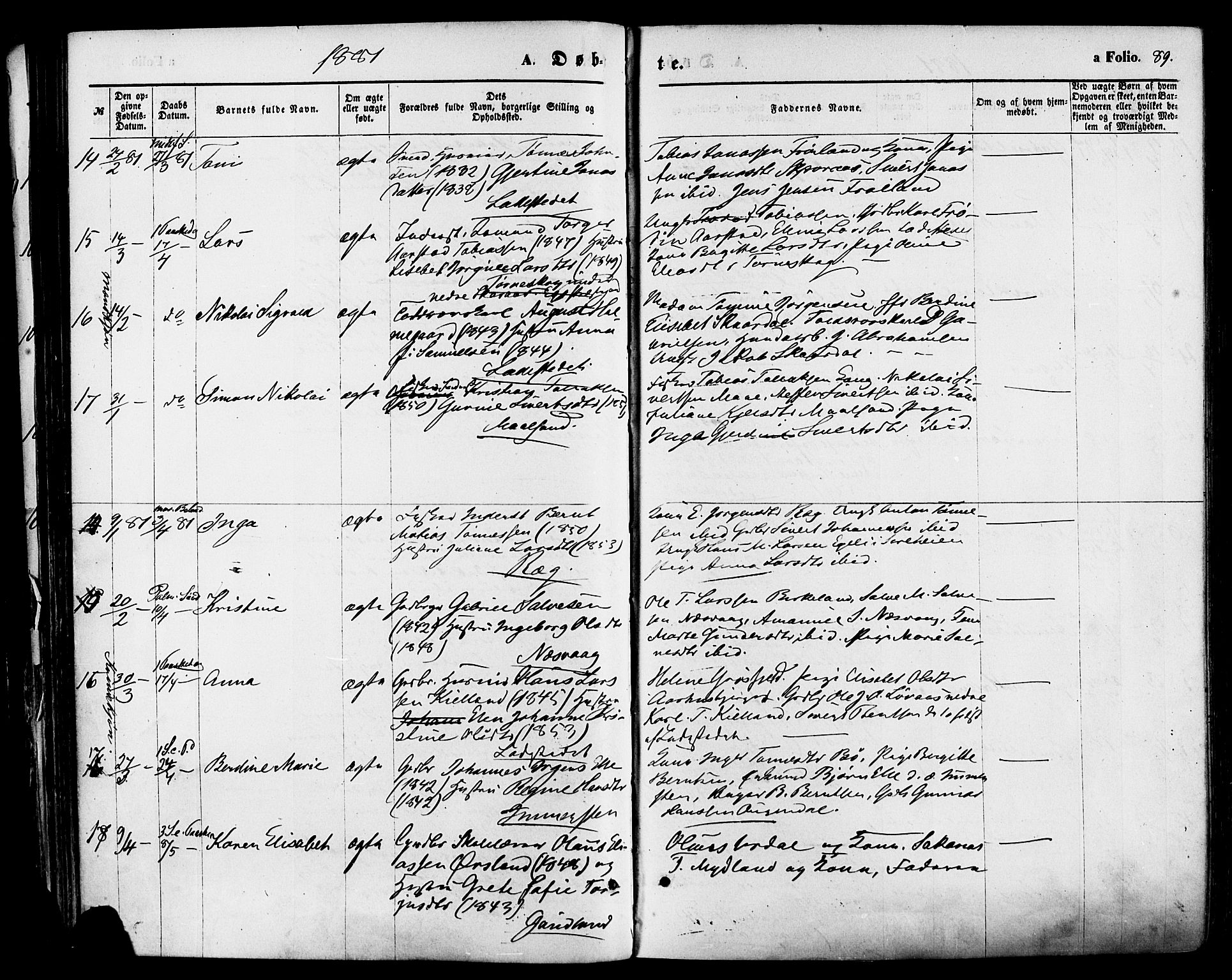 Sokndal sokneprestkontor, AV/SAST-A-101808: Parish register (official) no. A 10, 1874-1886, p. 89