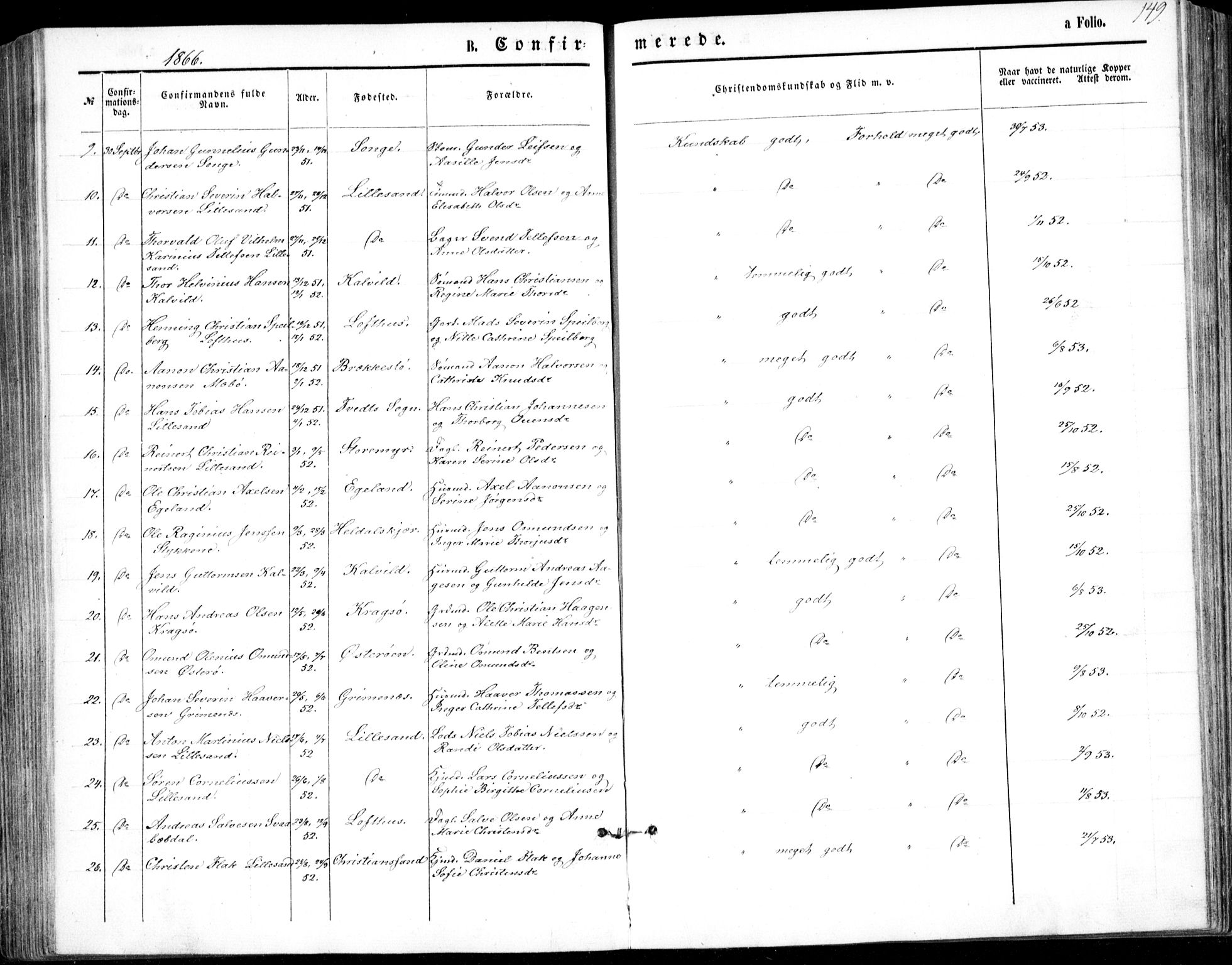 Vestre Moland sokneprestkontor, SAK/1111-0046/F/Fb/Fbb/L0004: Parish register (copy) no. B 4, 1861-1872, p. 149