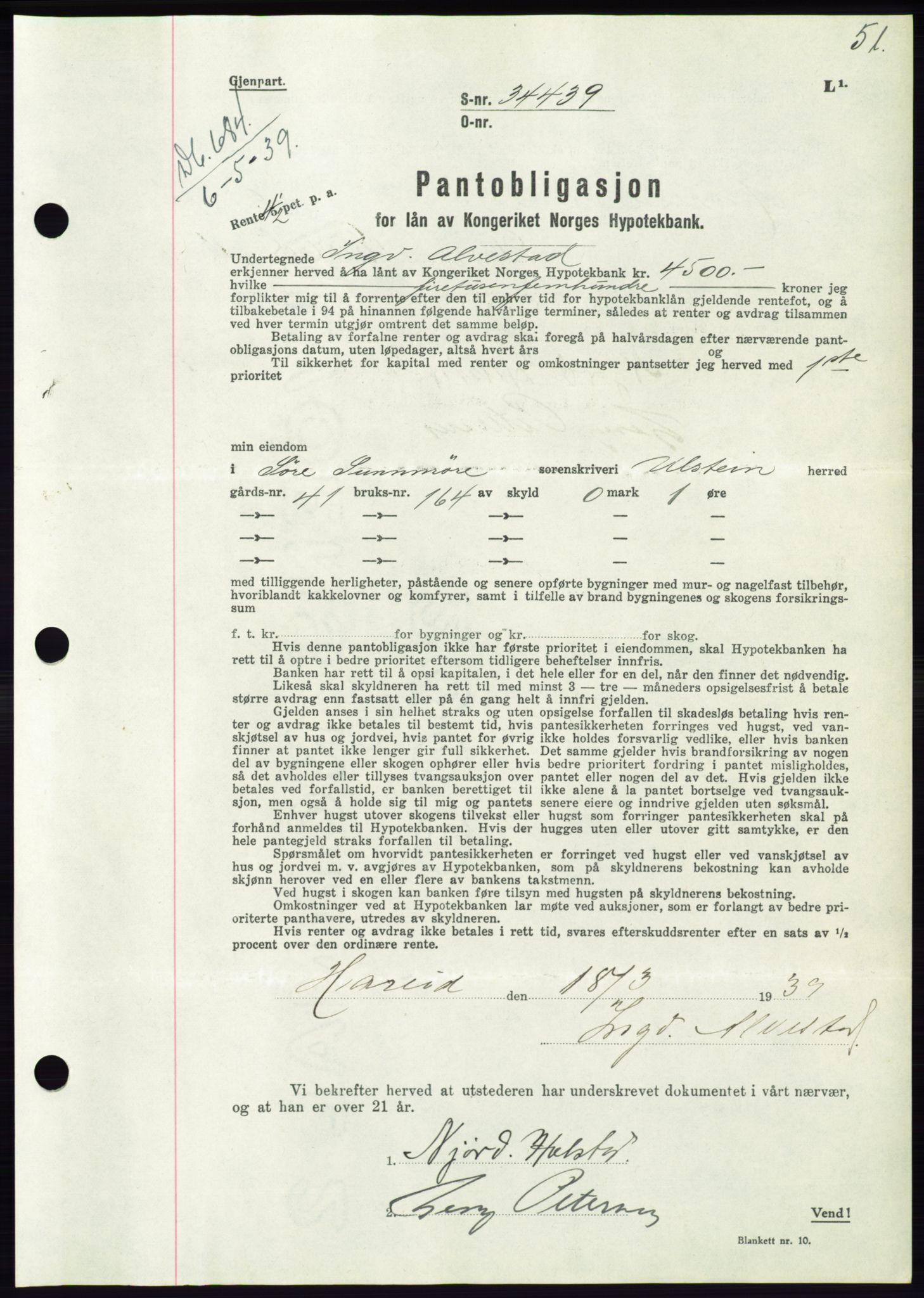 Søre Sunnmøre sorenskriveri, AV/SAT-A-4122/1/2/2C/L0068: Mortgage book no. 62, 1939-1939, Diary no: : 684/1939