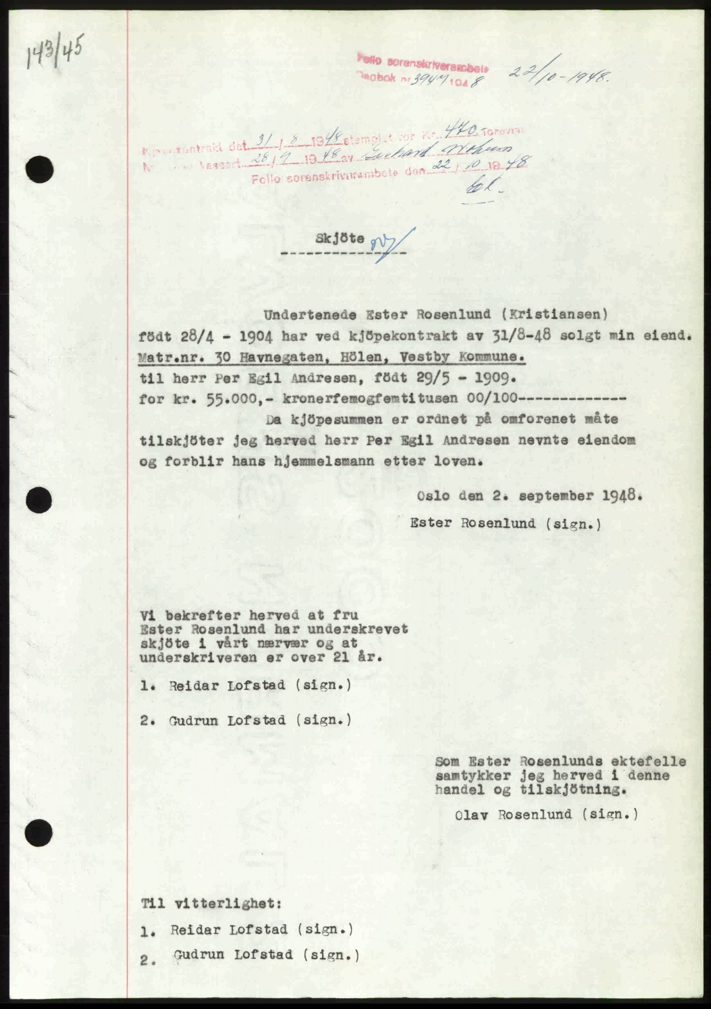 Follo sorenskriveri, AV/SAO-A-10274/G/Ga/Gaa/L0085: Mortgage book no. I 85, 1948-1948, Diary no: : 3947/1948