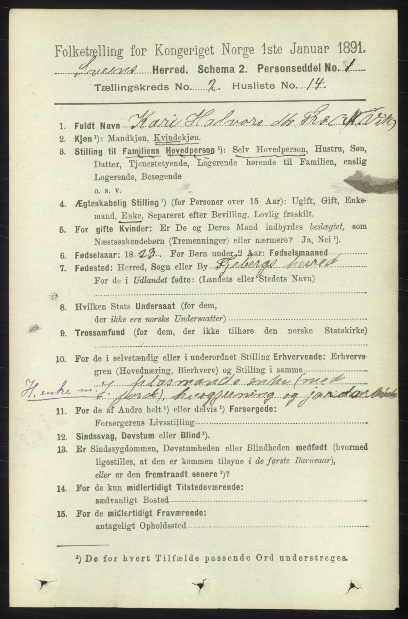 RA, 1891 census for 1216 Sveio, 1891, p. 583