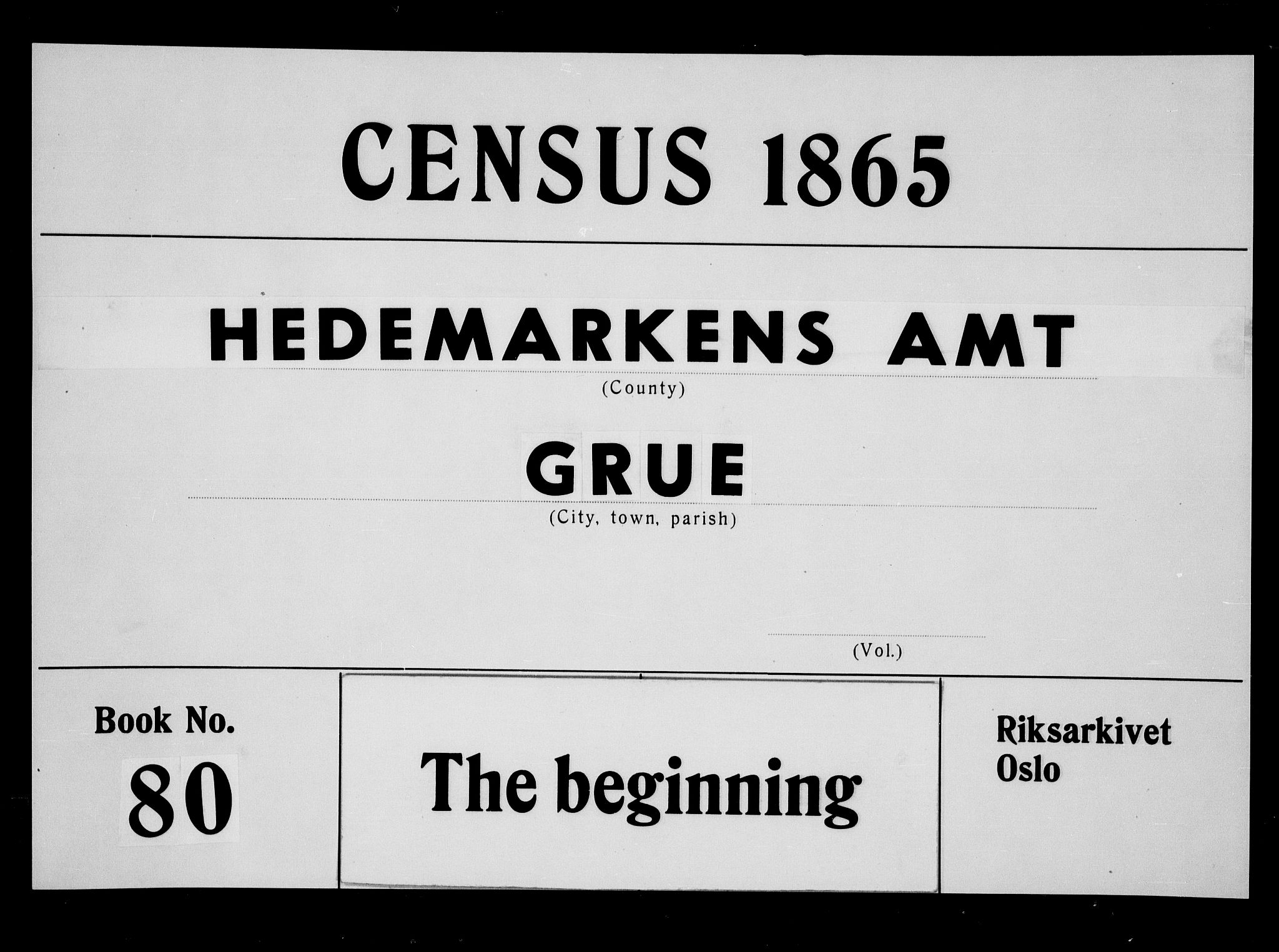 RA, 1865 census for Grue, 1865, p. 1