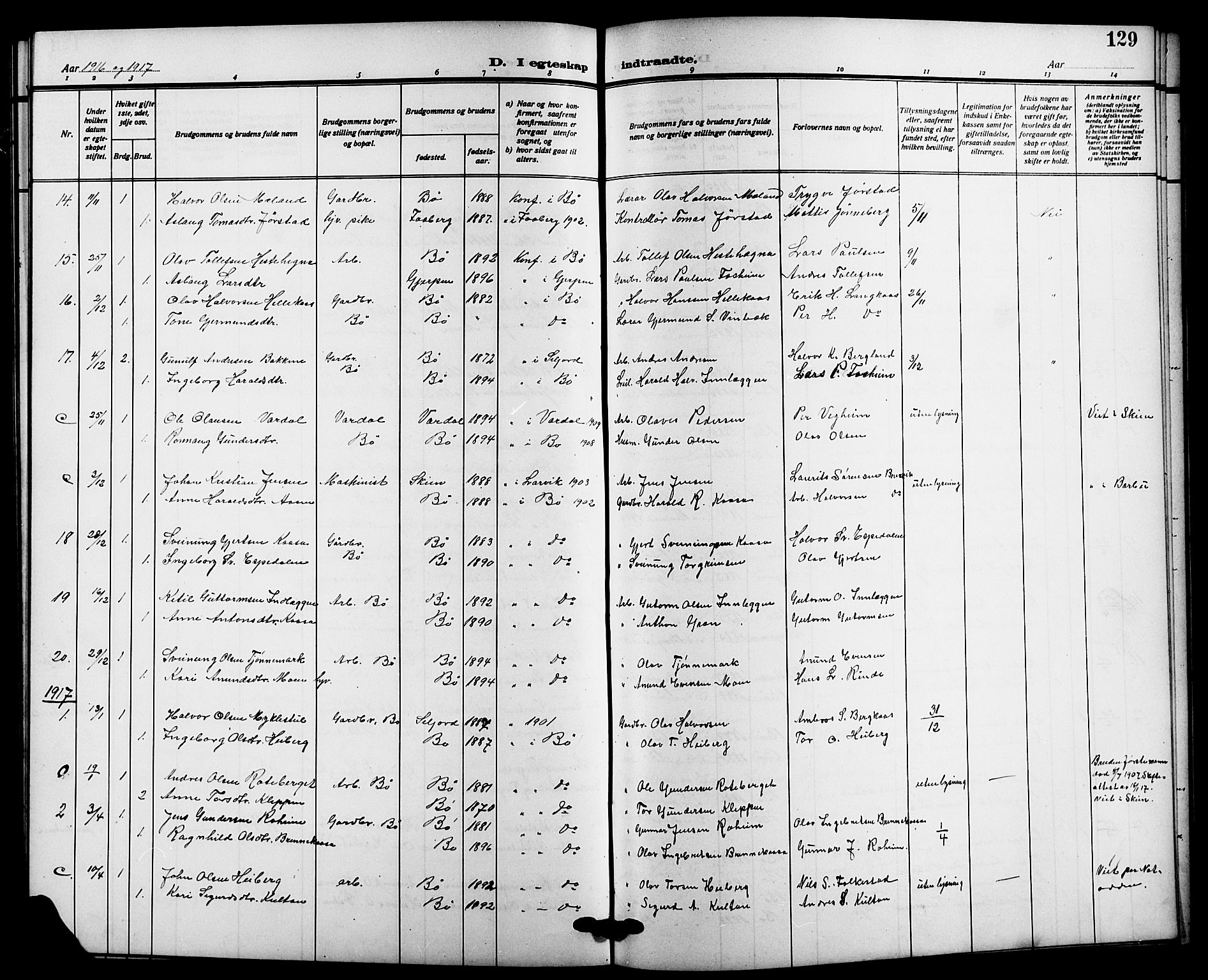 Bø kirkebøker, AV/SAKO-A-257/G/Ga/L0007: Parish register (copy) no. 7, 1909-1924, p. 129