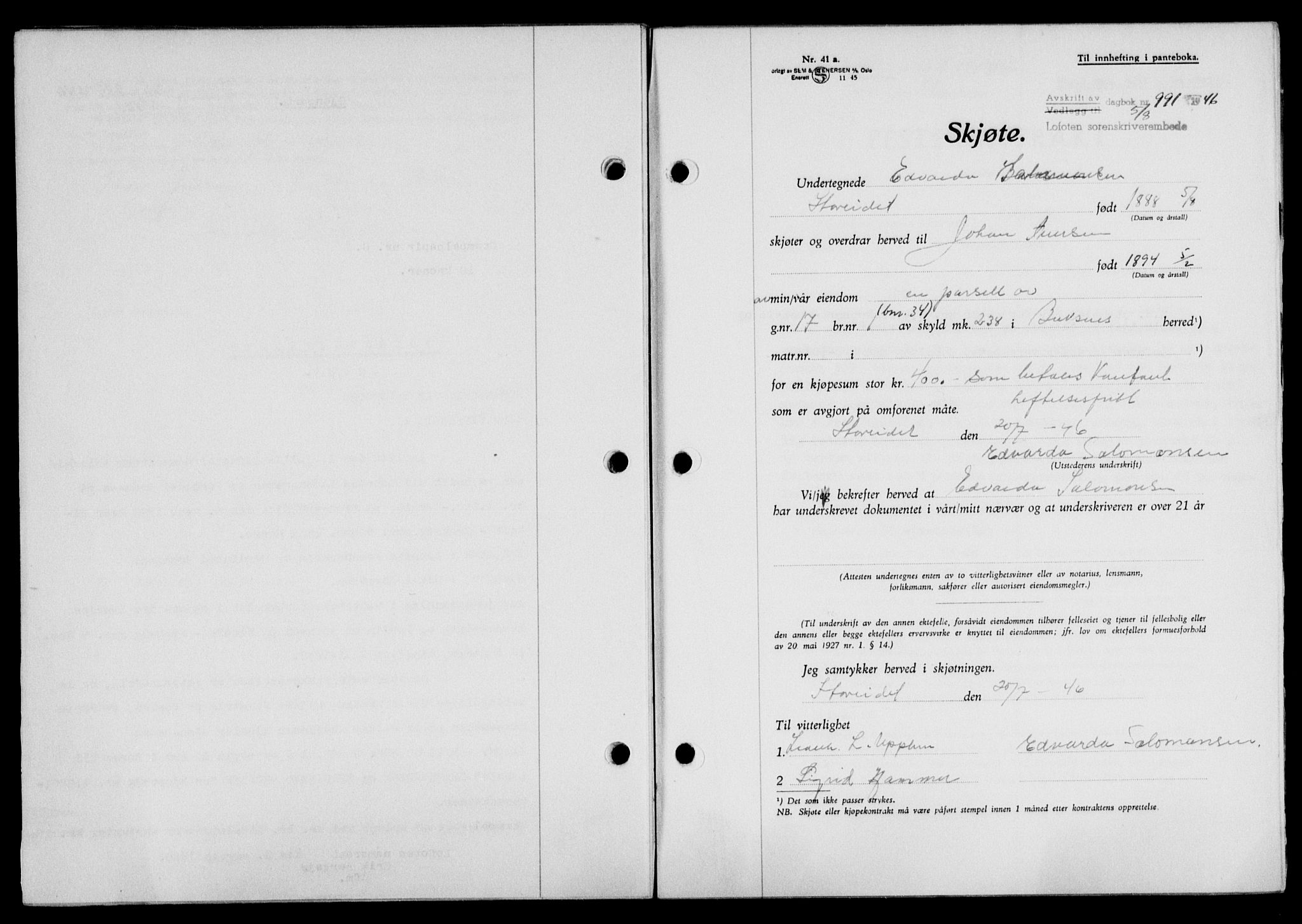 Lofoten sorenskriveri, SAT/A-0017/1/2/2C/L0014a: Mortgage book no. 14a, 1946-1946, Diary no: : 991/1946