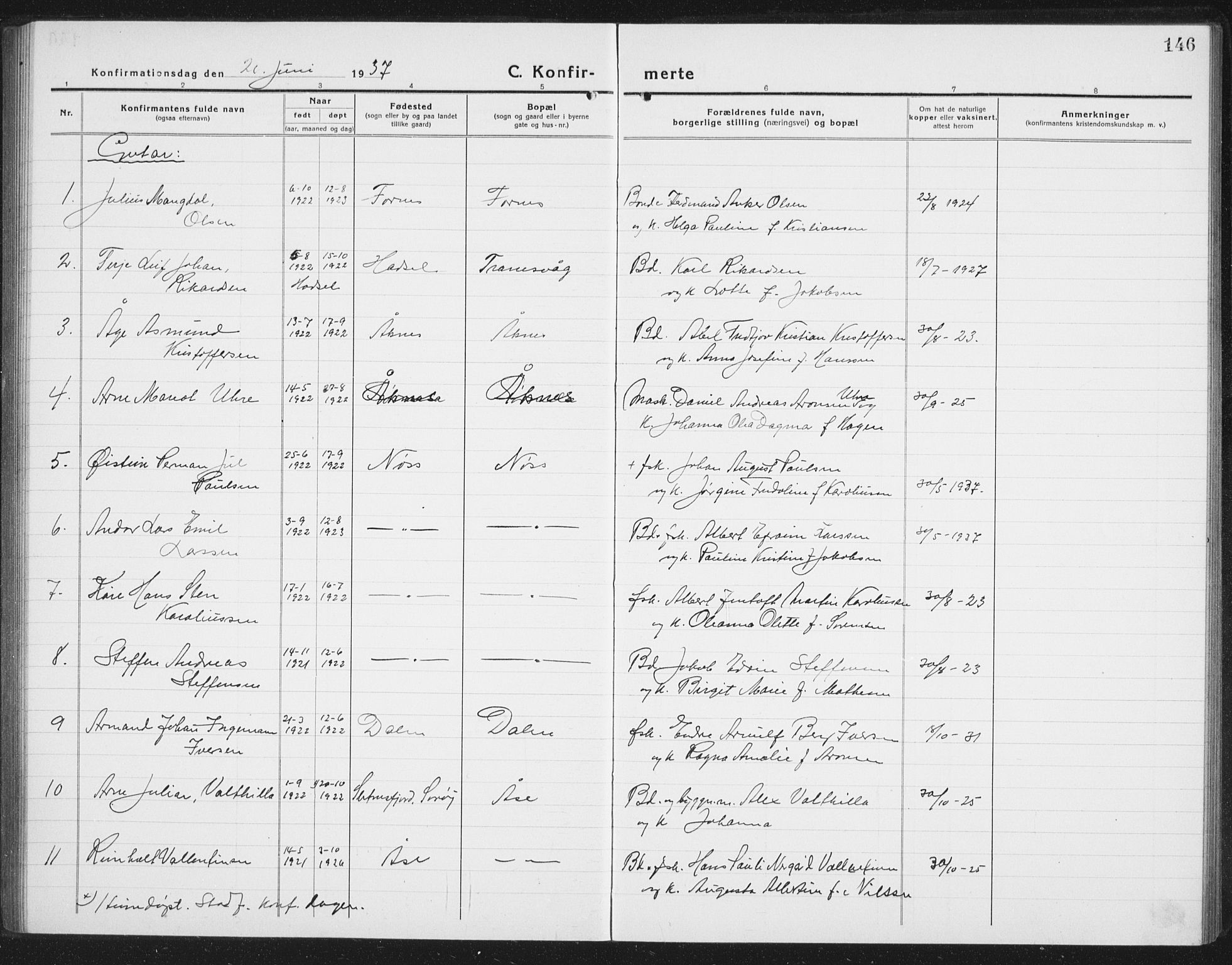 Ministerialprotokoller, klokkerbøker og fødselsregistre - Nordland, AV/SAT-A-1459/898/L1428: Parish register (copy) no. 898C03, 1918-1938, p. 146