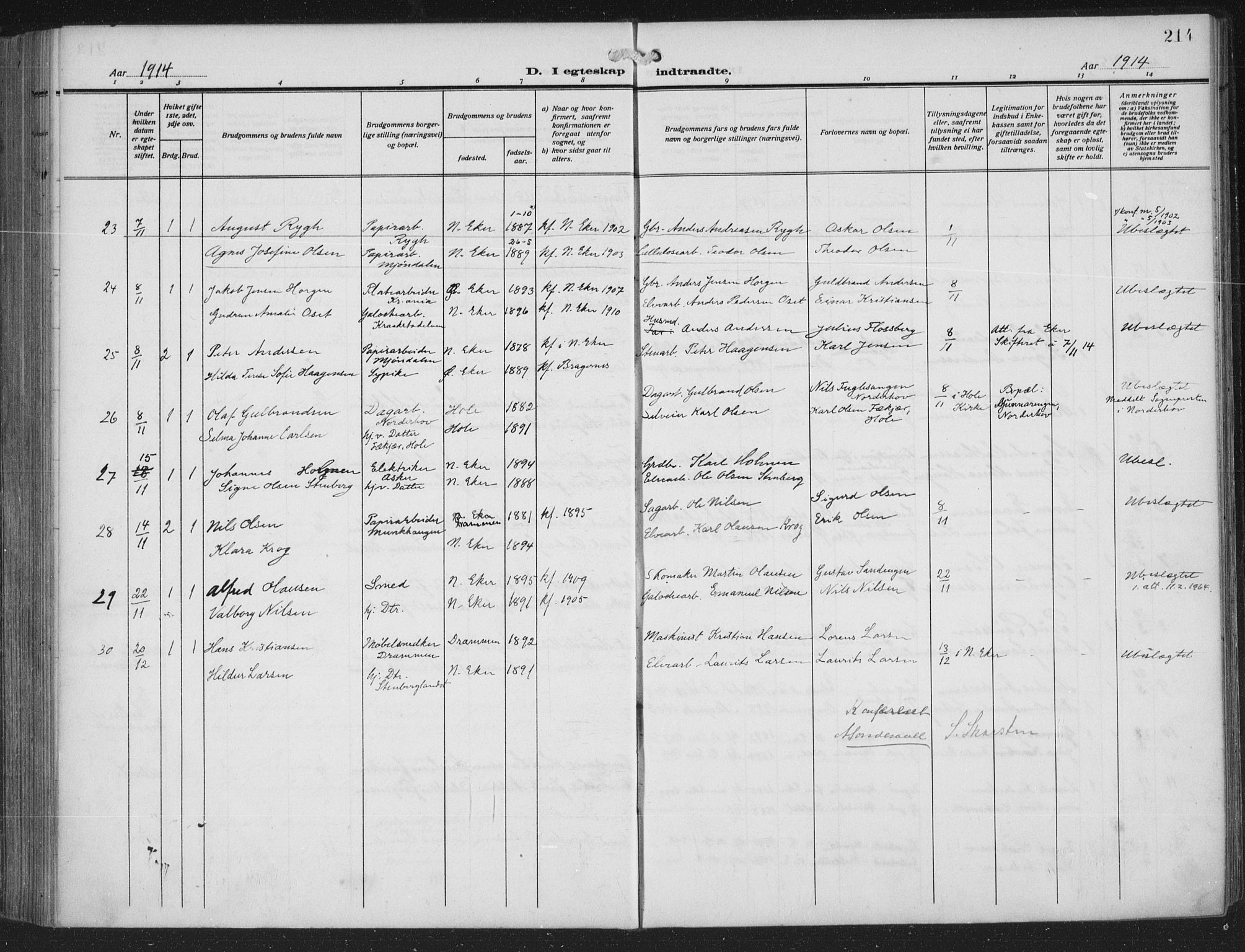 Nedre Eiker kirkebøker, SAKO/A-612/F/Fa/L0007: Parish register (official) no. 7, 1912-1918, p. 214