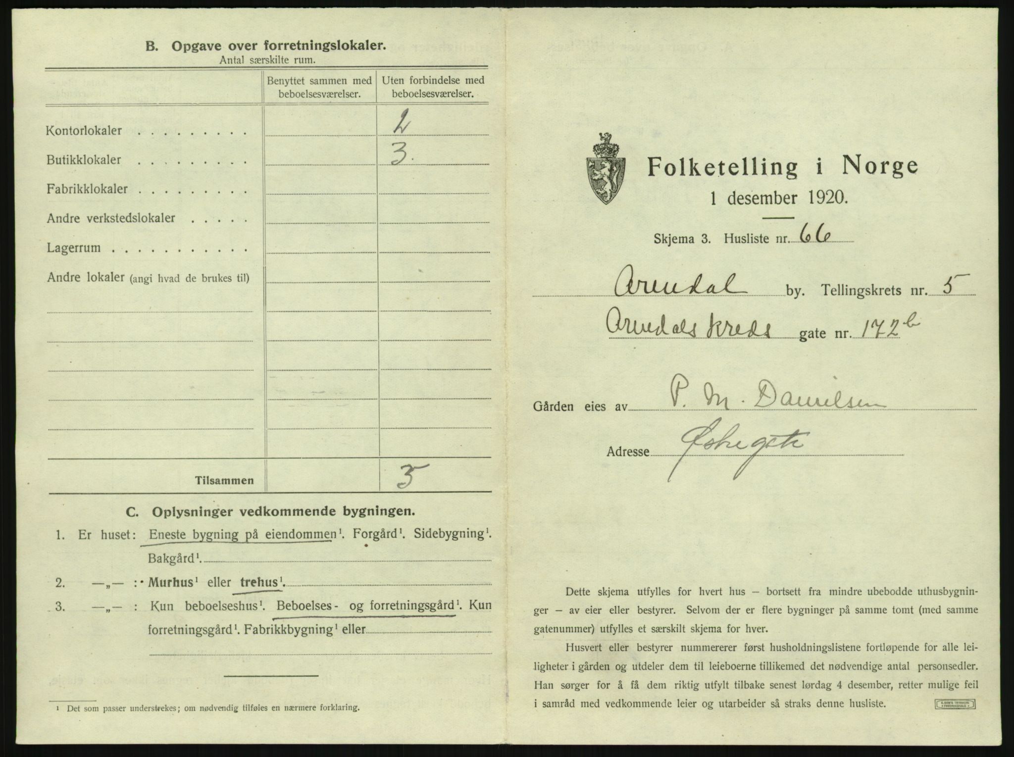 SAK, 1920 census for Arendal, 1920, p. 704