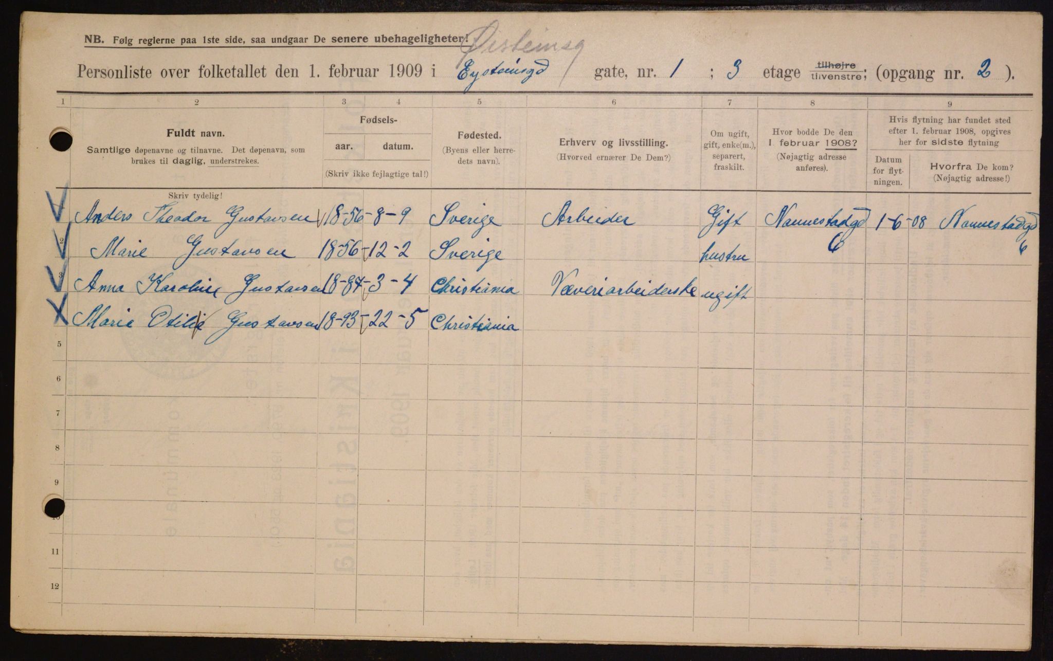 OBA, Municipal Census 1909 for Kristiania, 1909, p. 29536