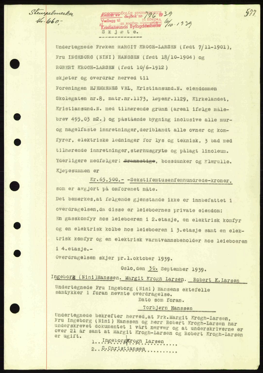 Kristiansund byfogd, AV/SAT-A-4587/A/27: Mortgage book no. 30, 1936-1941, Diary no: : 796/1939