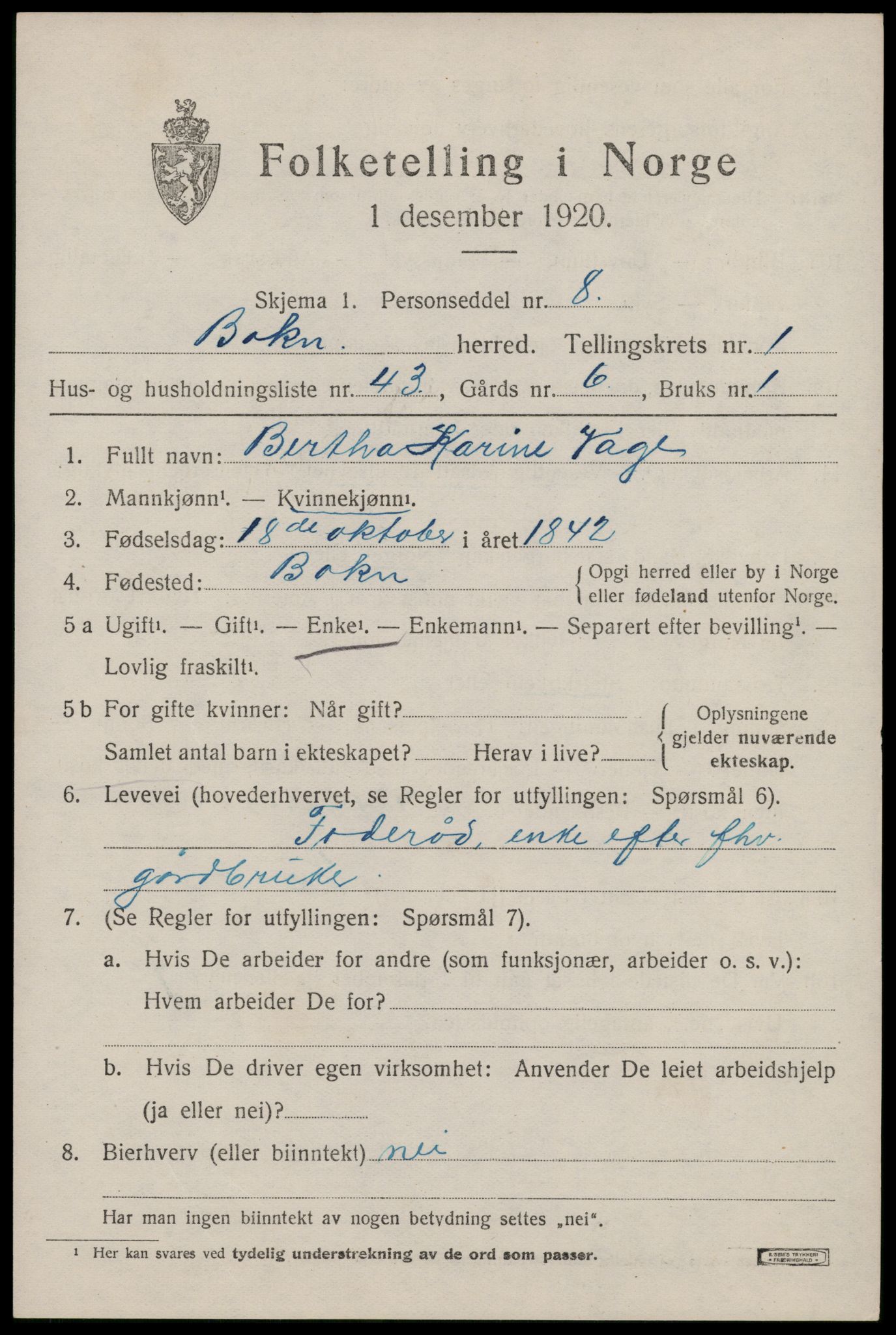 SAST, 1920 census for Bokn, 1920, p. 782