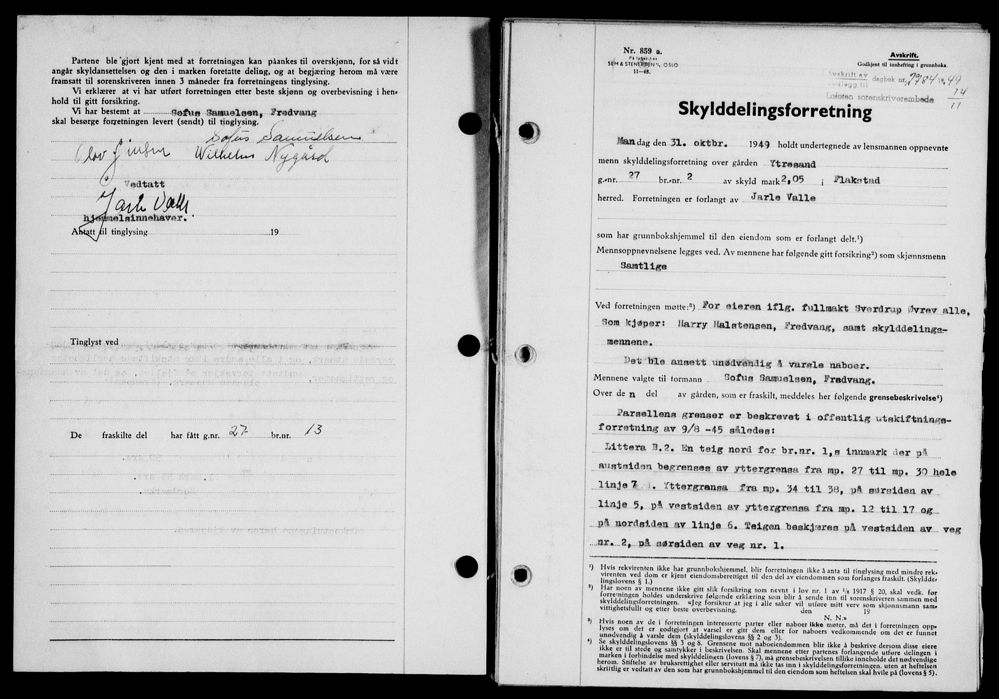 Lofoten sorenskriveri, SAT/A-0017/1/2/2C/L0022a: Mortgage book no. 22a, 1949-1950, Diary no: : 2784/1949