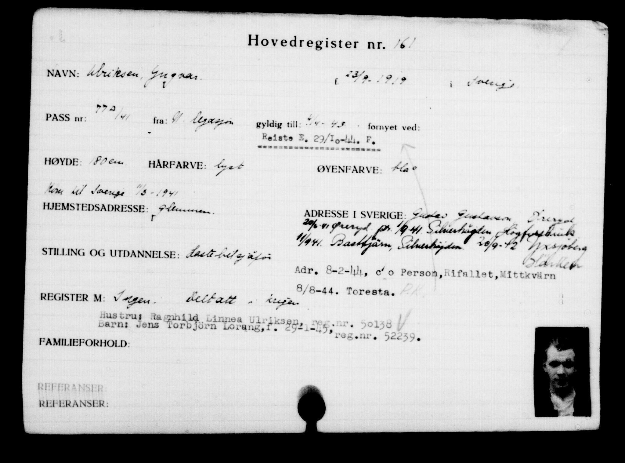 Utenriksstasjonene, Legasjonen i Stockholm, Flyktningkontoret, AV/RA-S-6753/V/Va/L0001: Kjesäterkartoteket, flyktninger med registreringsnr. 1-1000, 1940-1945, p. 261