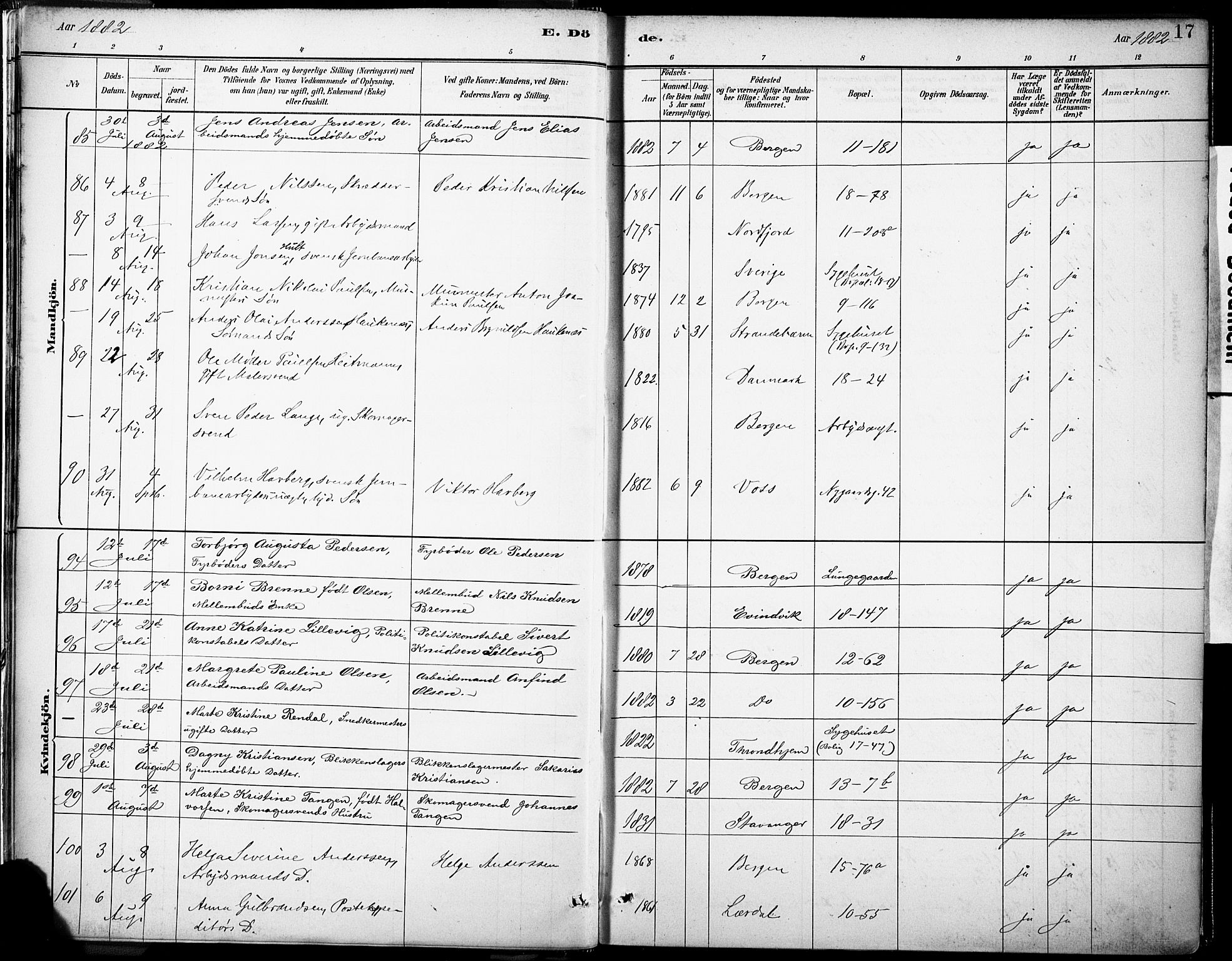 Domkirken sokneprestembete, AV/SAB-A-74801/H/Haa/L0043: Parish register (official) no. E 5, 1882-1904, p. 17