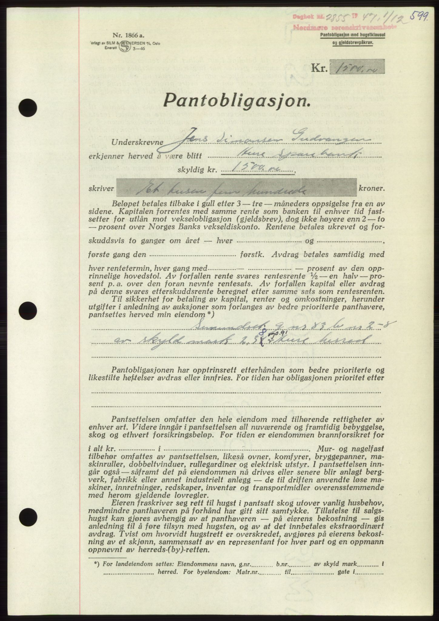 Nordmøre sorenskriveri, AV/SAT-A-4132/1/2/2Ca: Mortgage book no. B97, 1947-1948, Diary no: : 2855/1947