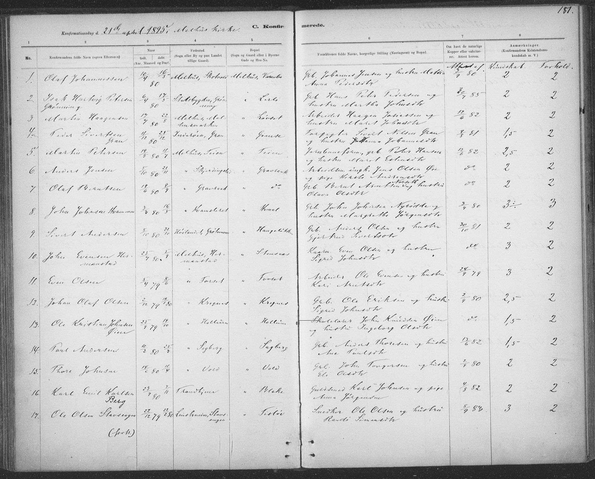 Ministerialprotokoller, klokkerbøker og fødselsregistre - Sør-Trøndelag, SAT/A-1456/691/L1085: Parish register (official) no. 691A17, 1887-1908, p. 181