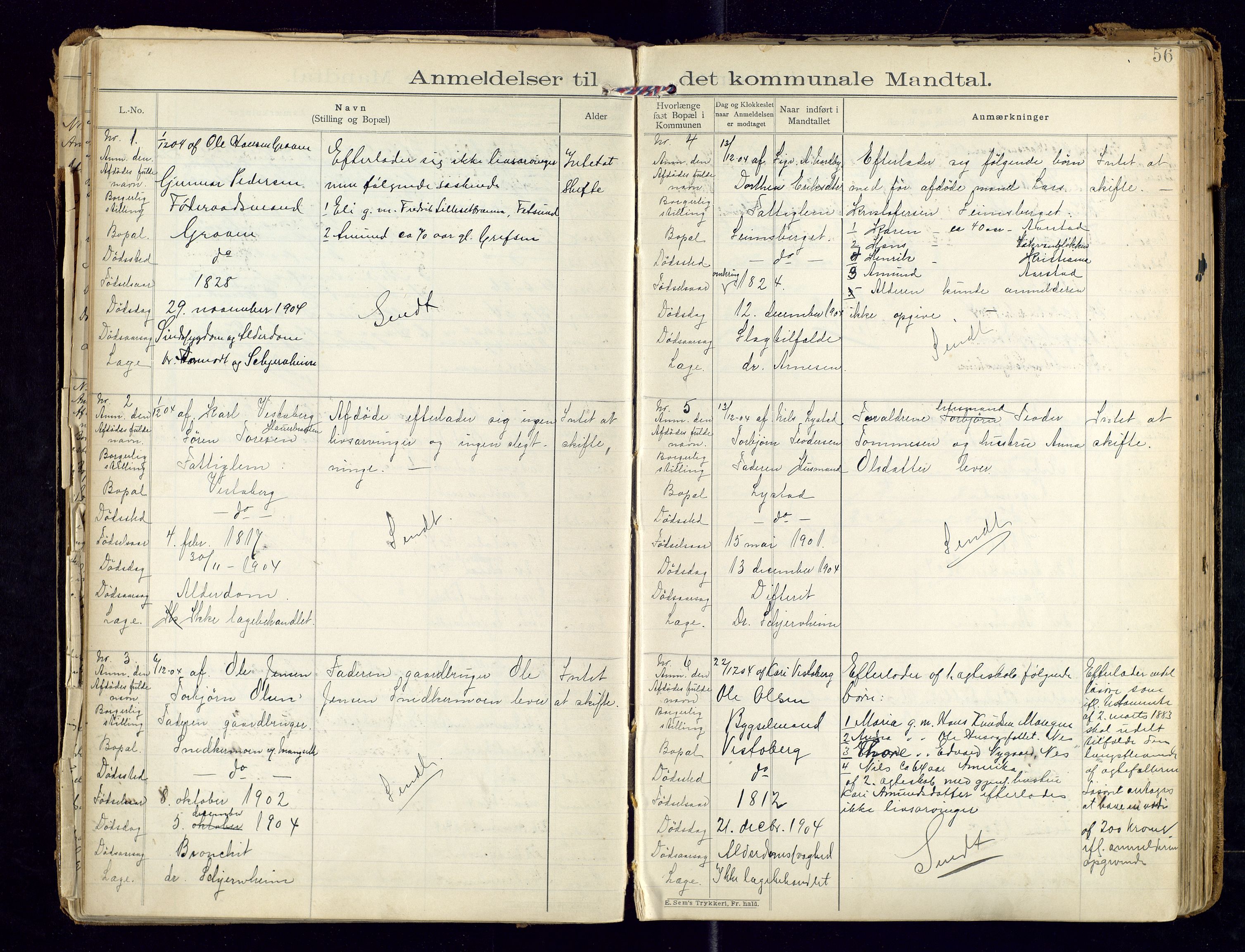 Sør-Odal lensmannskontor, AV/SAH-LHS-022/H/Hb/L0001/0002: Protokoller over anmeldte dødsfall / Protokoll over anmeldte dødsfall, 1901-1913, p. 56