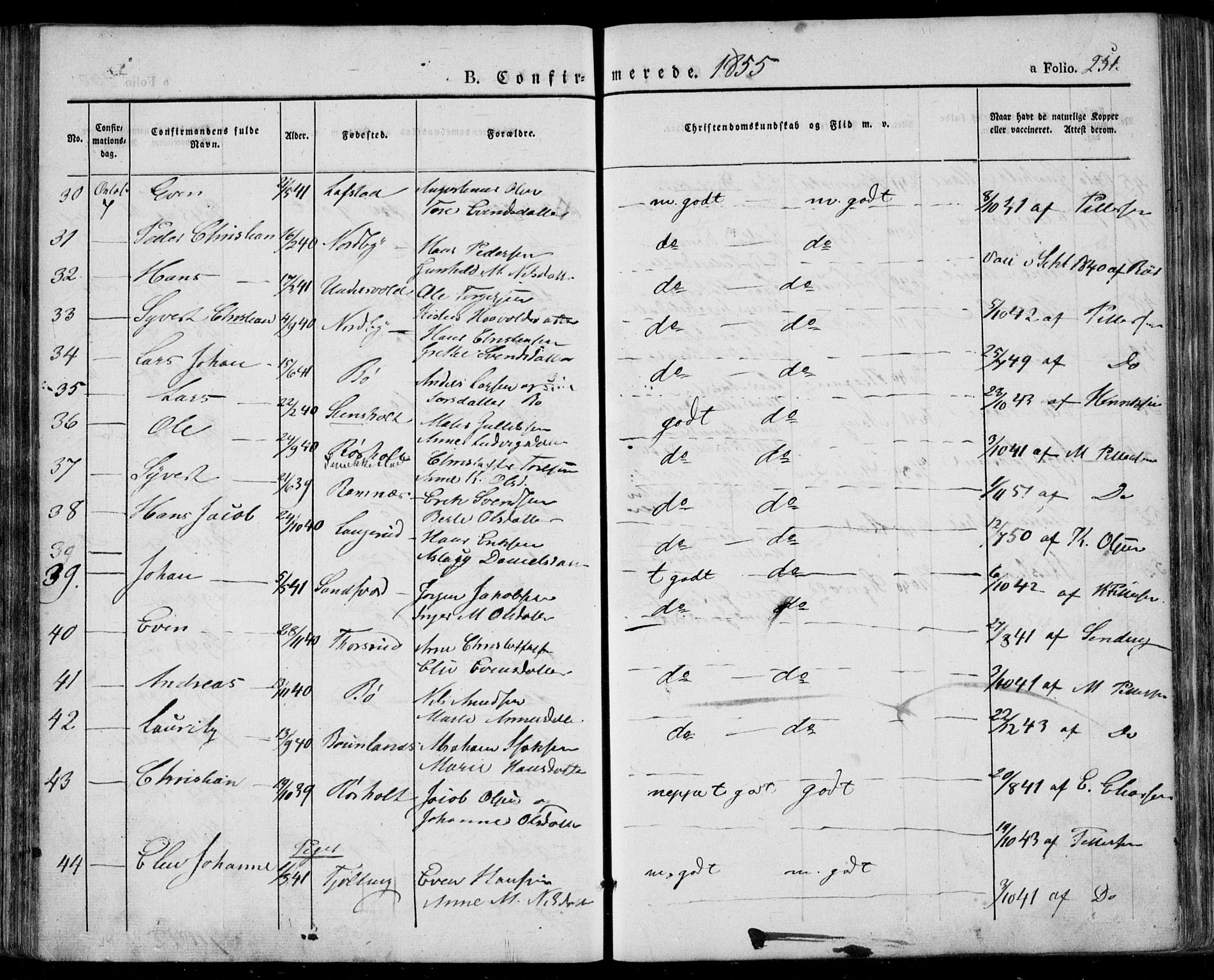 Lardal kirkebøker, AV/SAKO-A-350/F/Fa/L0006: Parish register (official) no. I 6, 1835-1860, p. 251