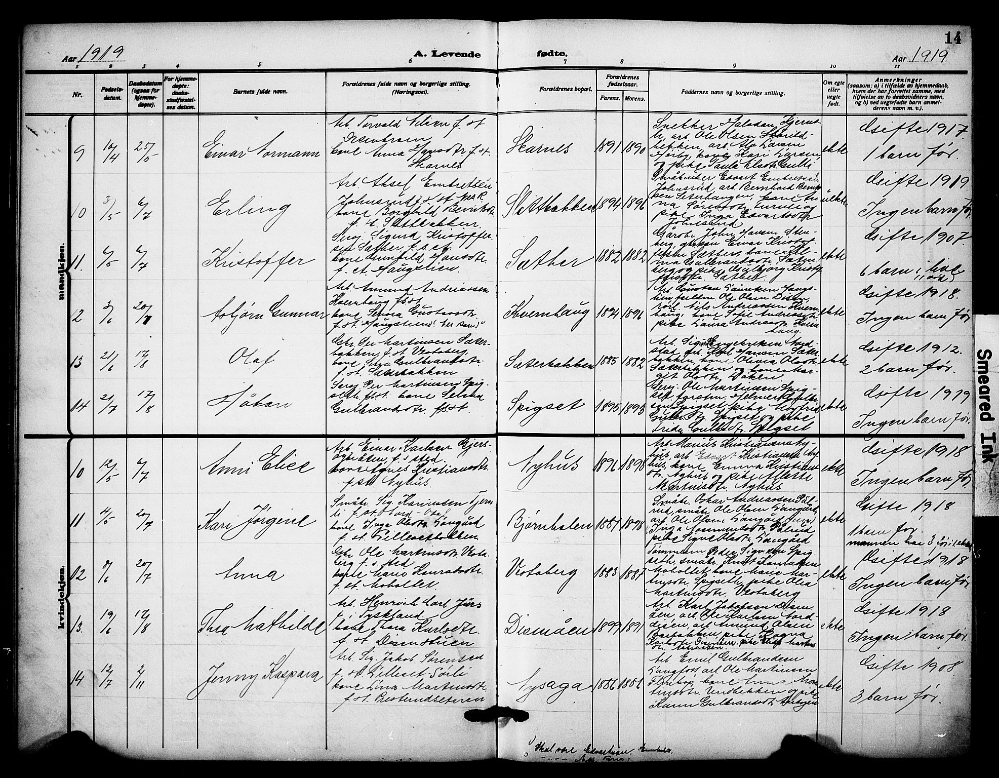 Sør-Odal prestekontor, SAH/PREST-030/H/Ha/Hab/L0009: Parish register (copy) no. 9, 1915-1927, p. 14