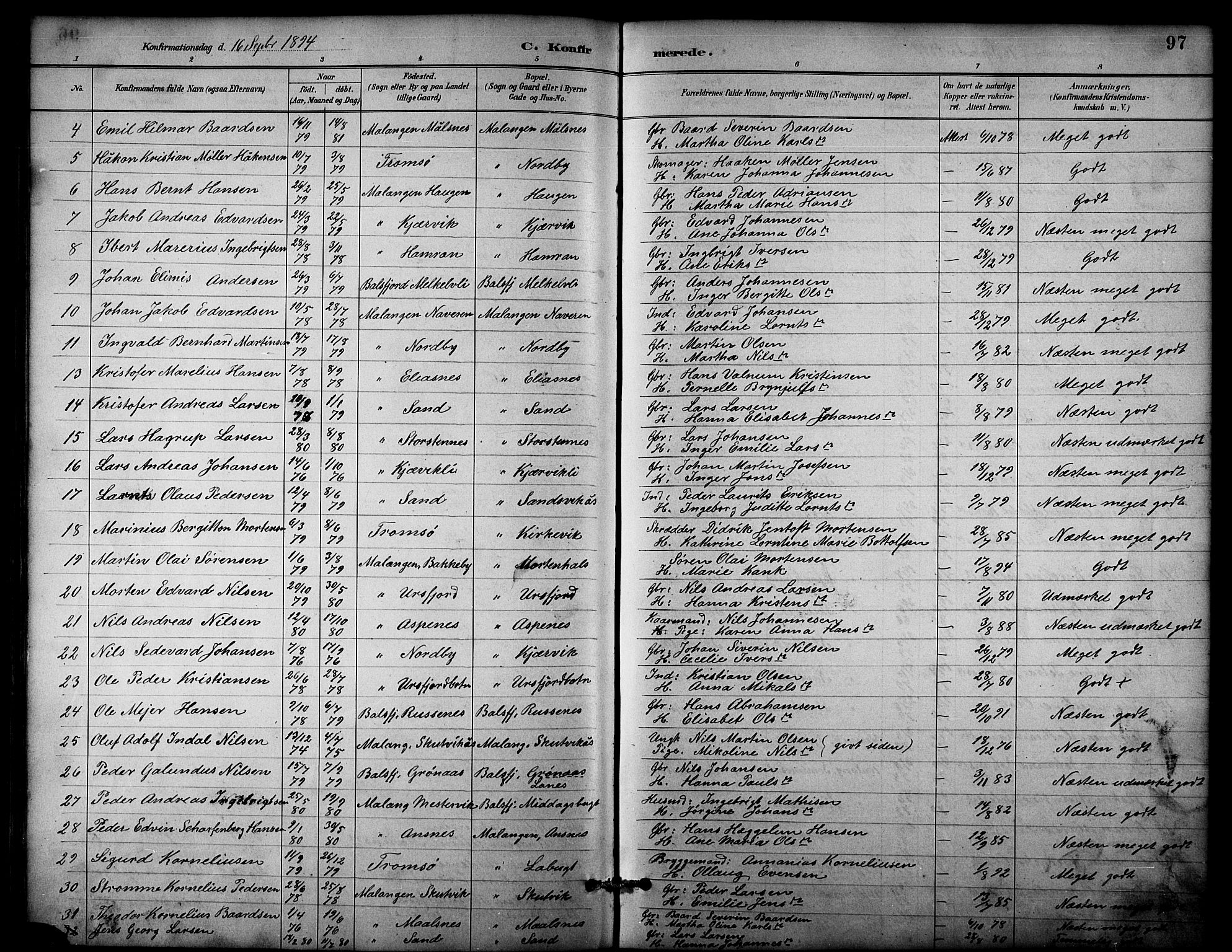 Balsfjord sokneprestembete, AV/SATØ-S-1303/G/Ga/L0003klokker: Parish register (copy) no. 3, 1887-1909, p. 97