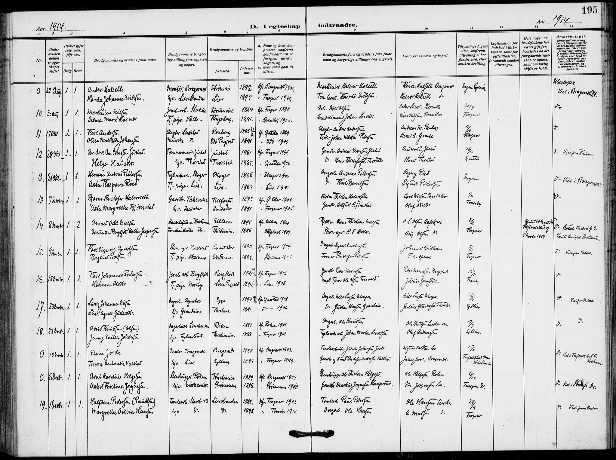 Lier kirkebøker, AV/SAKO-A-230/F/Fa/L0018: Parish register (official) no. I 18, 1909-1917, p. 195