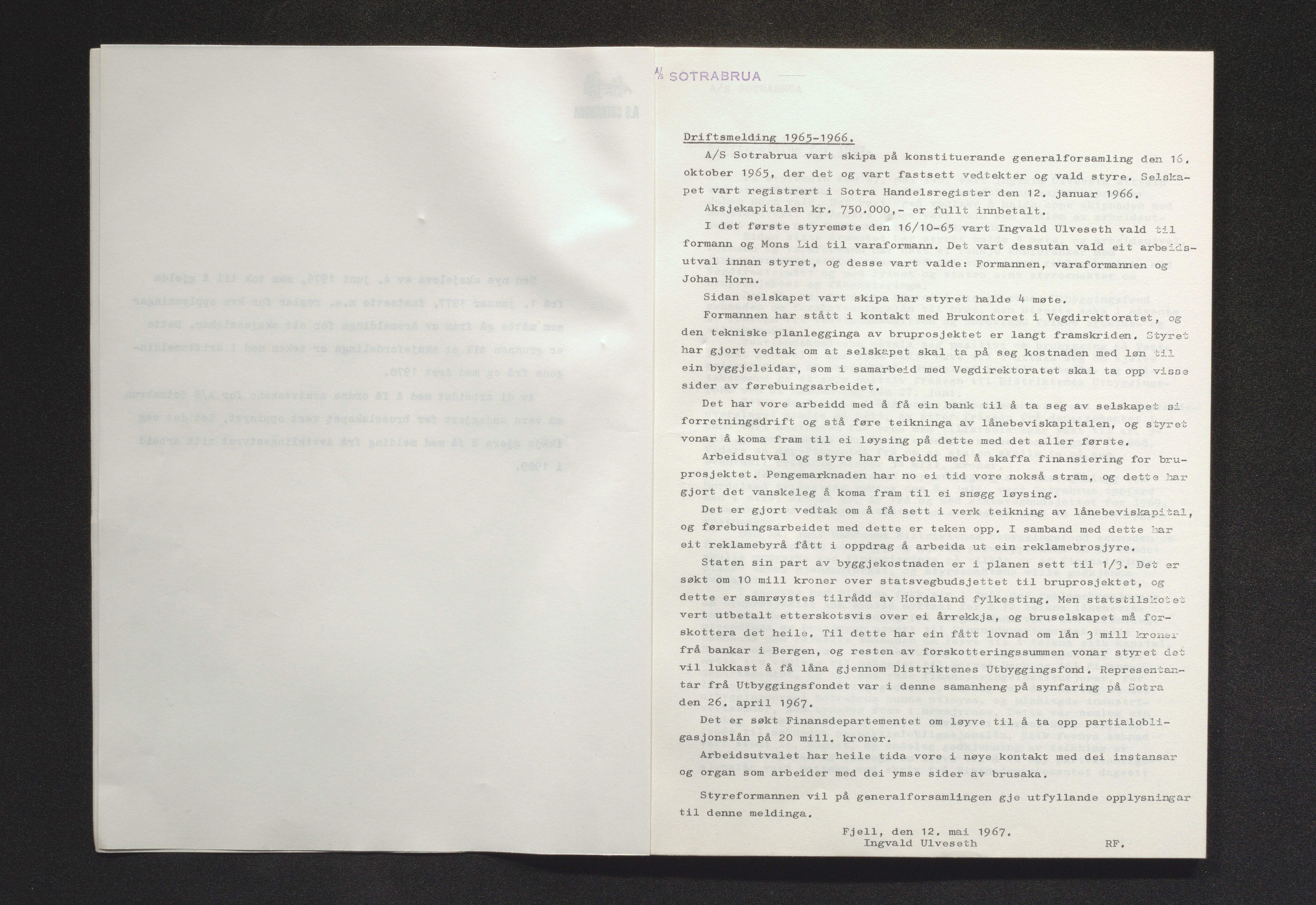 Sotrabrua AS, IKAH/1246-Pa0002/A/Aa/L0001/0001: Møtebøker for Sotrabrua AS  / Driftsmeldingar for Sotrabrua AS, 1965-1988