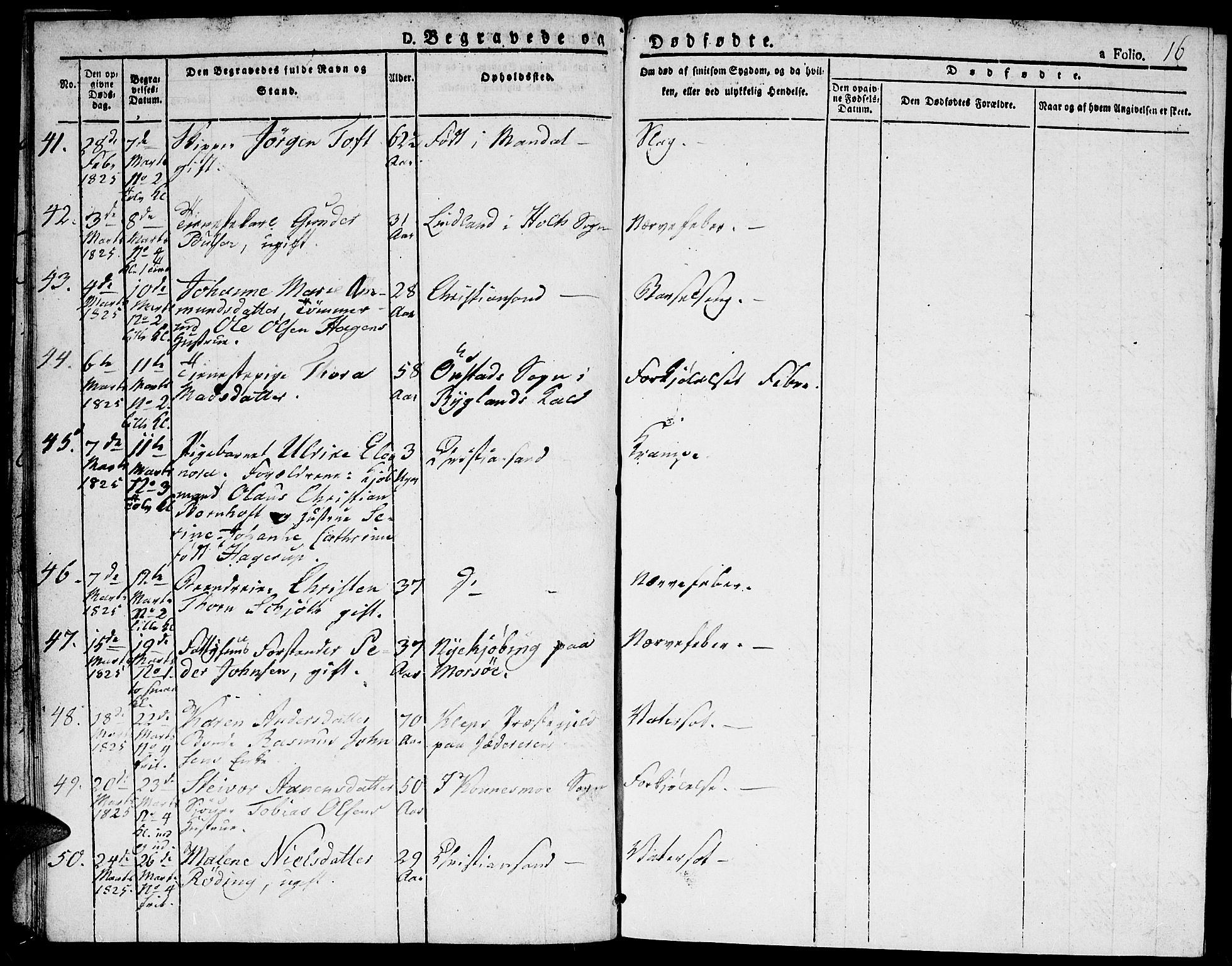 Kristiansand domprosti, SAK/1112-0006/F/Fa/L0010: Parish register (official) no. A 10, 1824-1827, p. 16