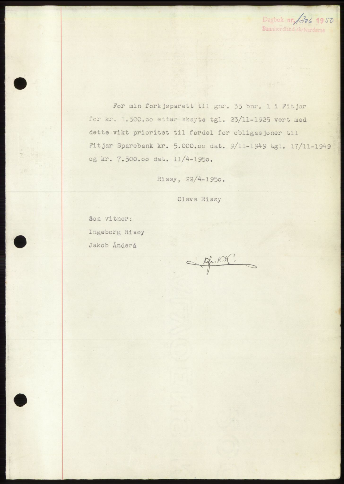 Sunnhordland sorenskrivar, AV/SAB-A-2401: Mortgage book no. B75-79, 1948-1950, Diary no: : 1306/1950
