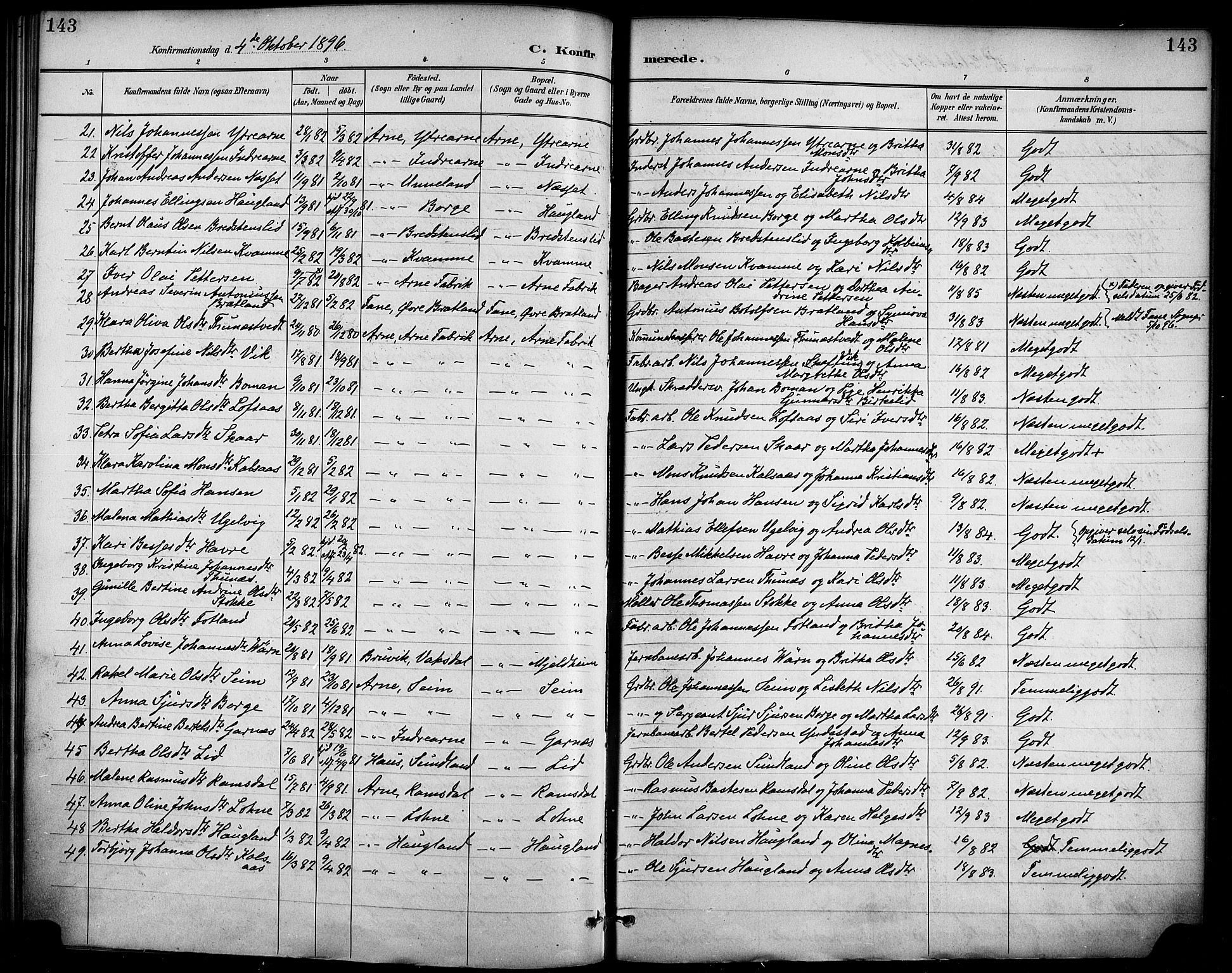 Haus sokneprestembete, SAB/A-75601/H/Haa/Haad/L0001: Parish register (official) no. D 1, 1887-1898, p. 143