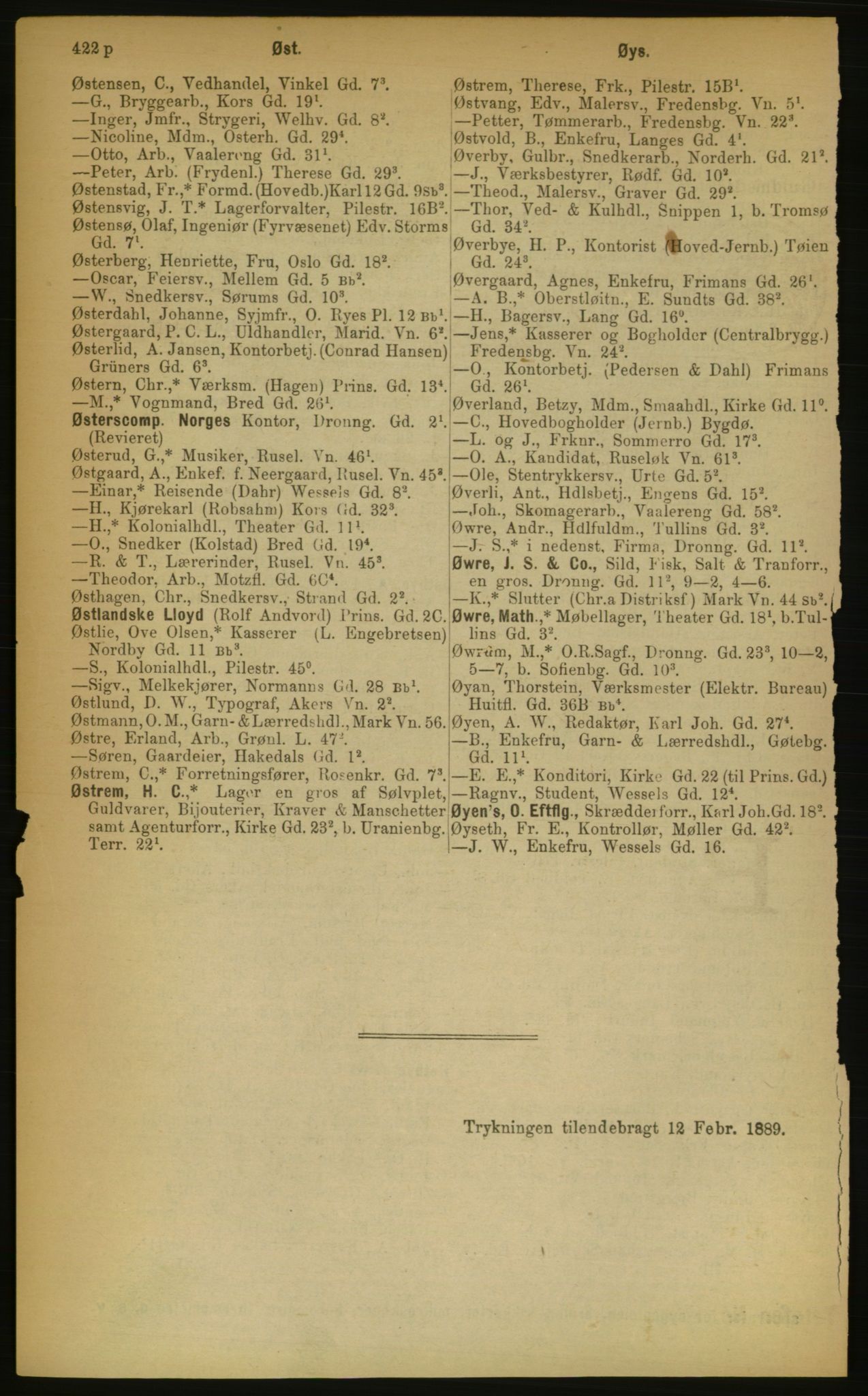 Kristiania/Oslo adressebok, PUBL/-, 1889, p. 422p