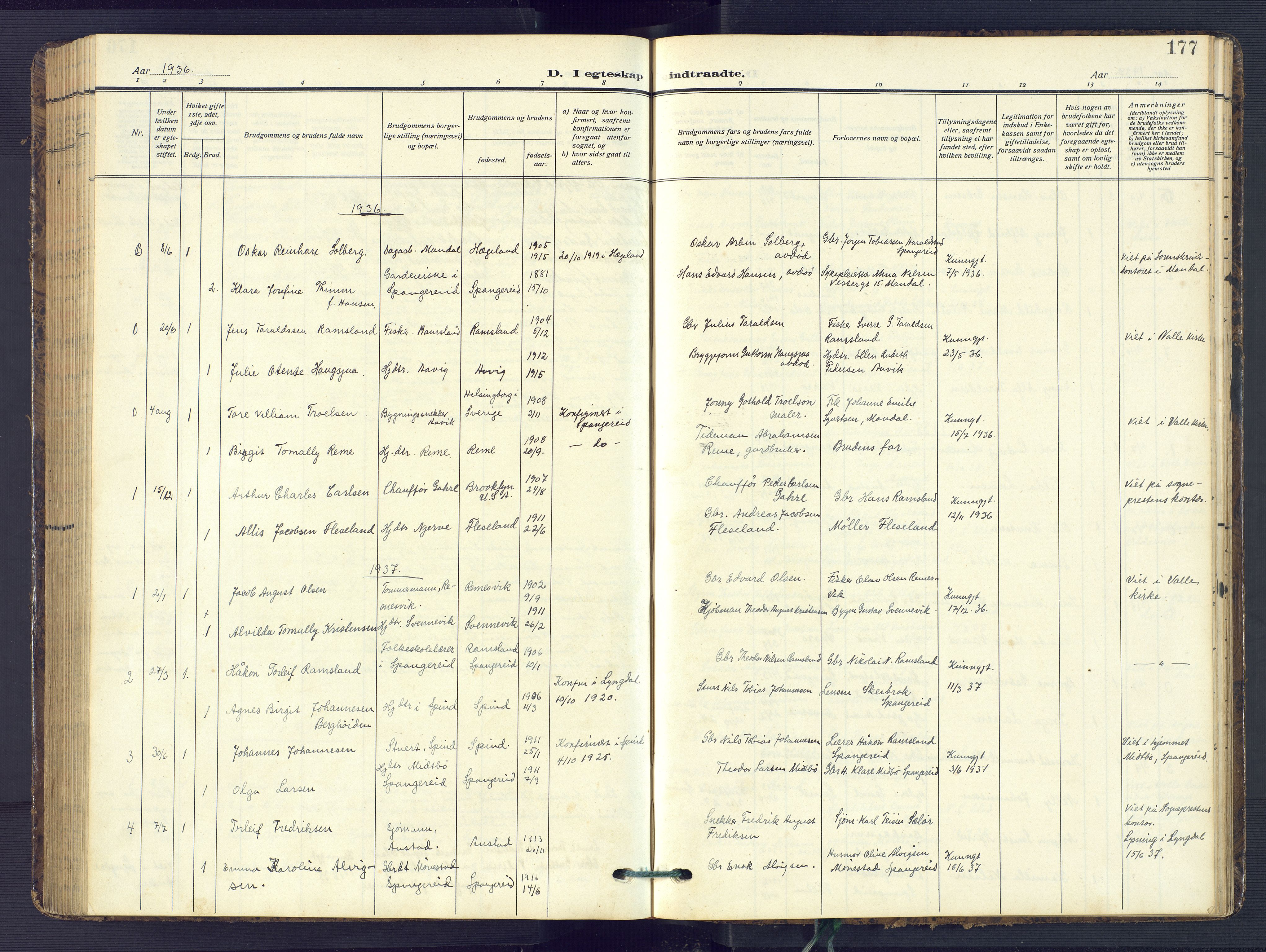 Sør-Audnedal sokneprestkontor, AV/SAK-1111-0039/F/Fb/Fba/L0005: Parish register (copy) no. B 5, 1908-1963, p. 177