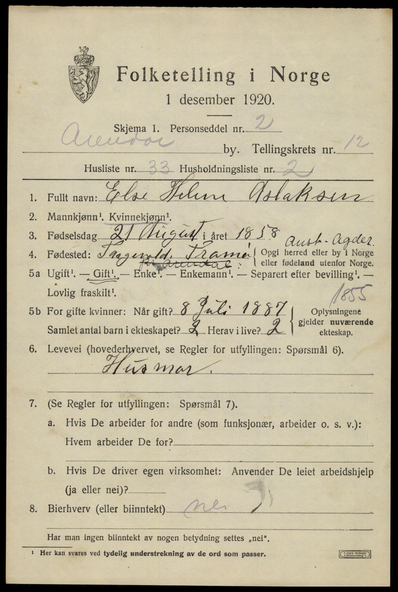 SAK, 1920 census for Arendal, 1920, p. 19568
