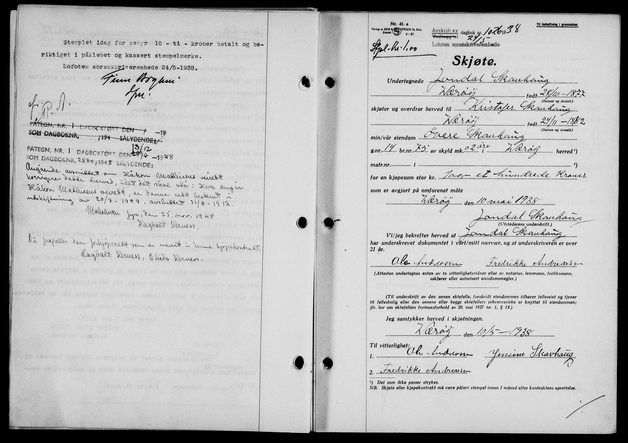 Lofoten sorenskriveri, SAT/A-0017/1/2/2C/L0004a: Mortgage book no. 4a, 1938-1938, Diary no: : 1026/1938