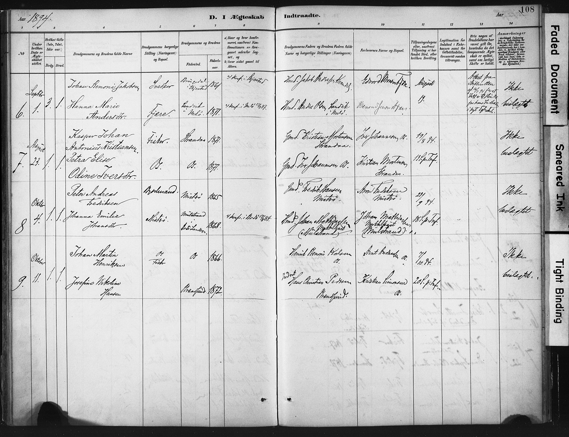 Ministerialprotokoller, klokkerbøker og fødselsregistre - Nordland, SAT/A-1459/803/L0071: Parish register (official) no. 803A01, 1881-1897, p. 108