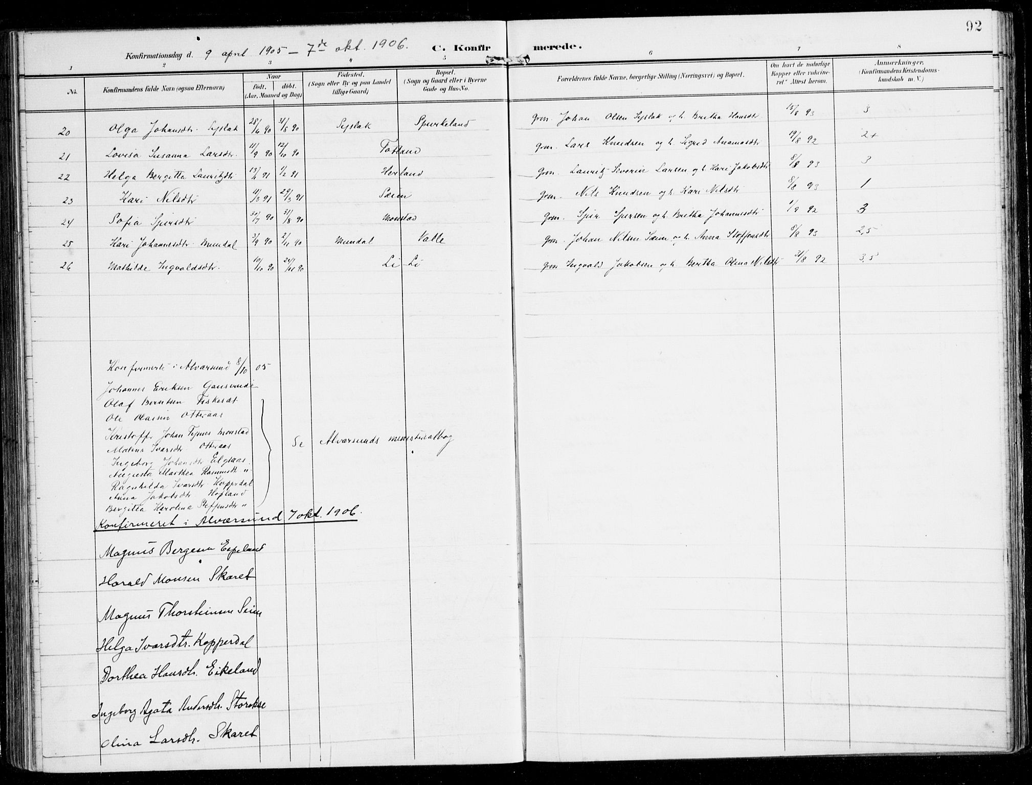 Alversund Sokneprestembete, SAB/A-73901/H/Ha/Haa/Haad/L0004: Parish register (official) no. D 4, 1898-1926, p. 92
