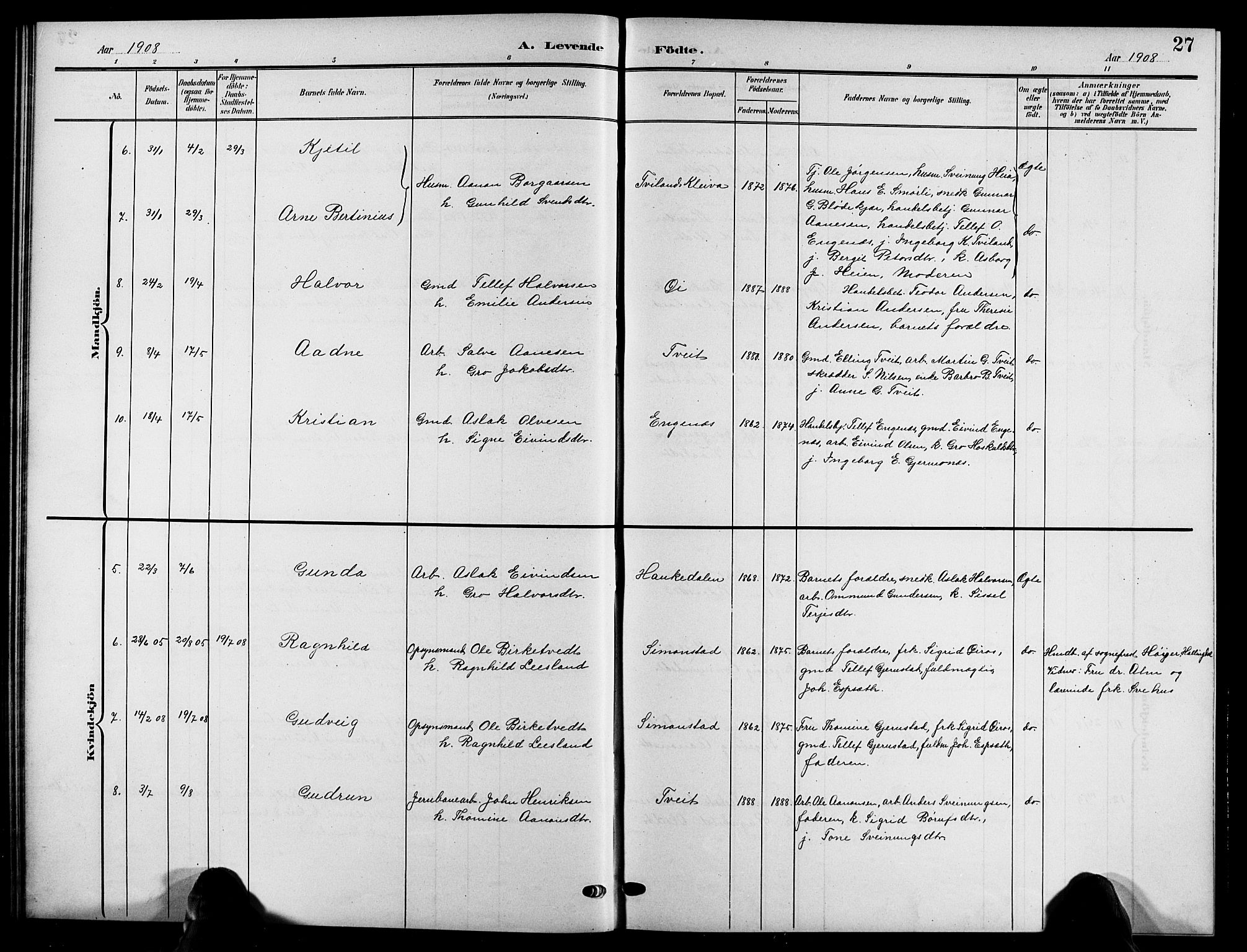 Åmli sokneprestkontor, SAK/1111-0050/F/Fb/Fbc/L0005: Parish register (copy) no. B 5, 1903-1916, p. 27