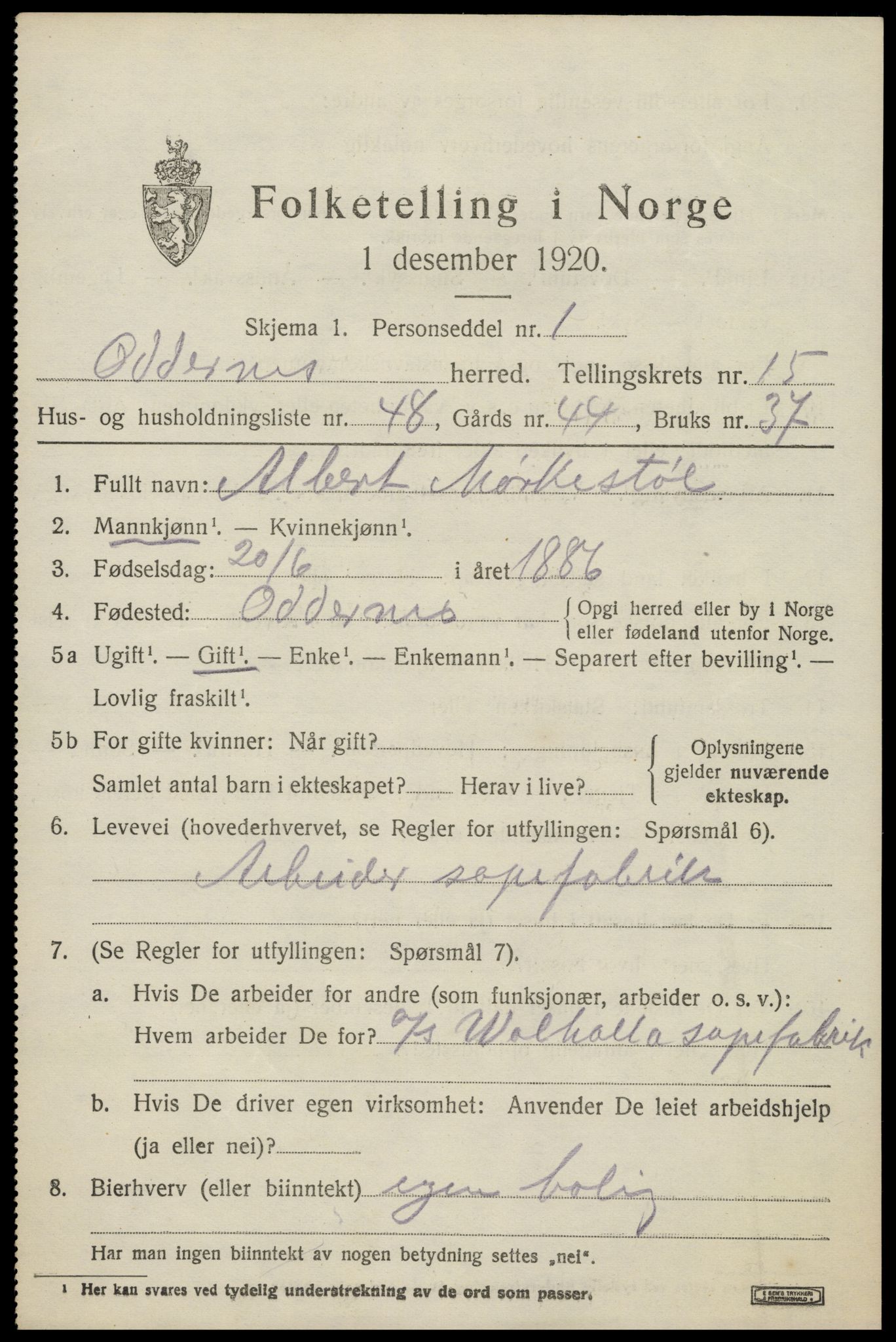 SAK, 1920 census for Oddernes, 1920, p. 10567