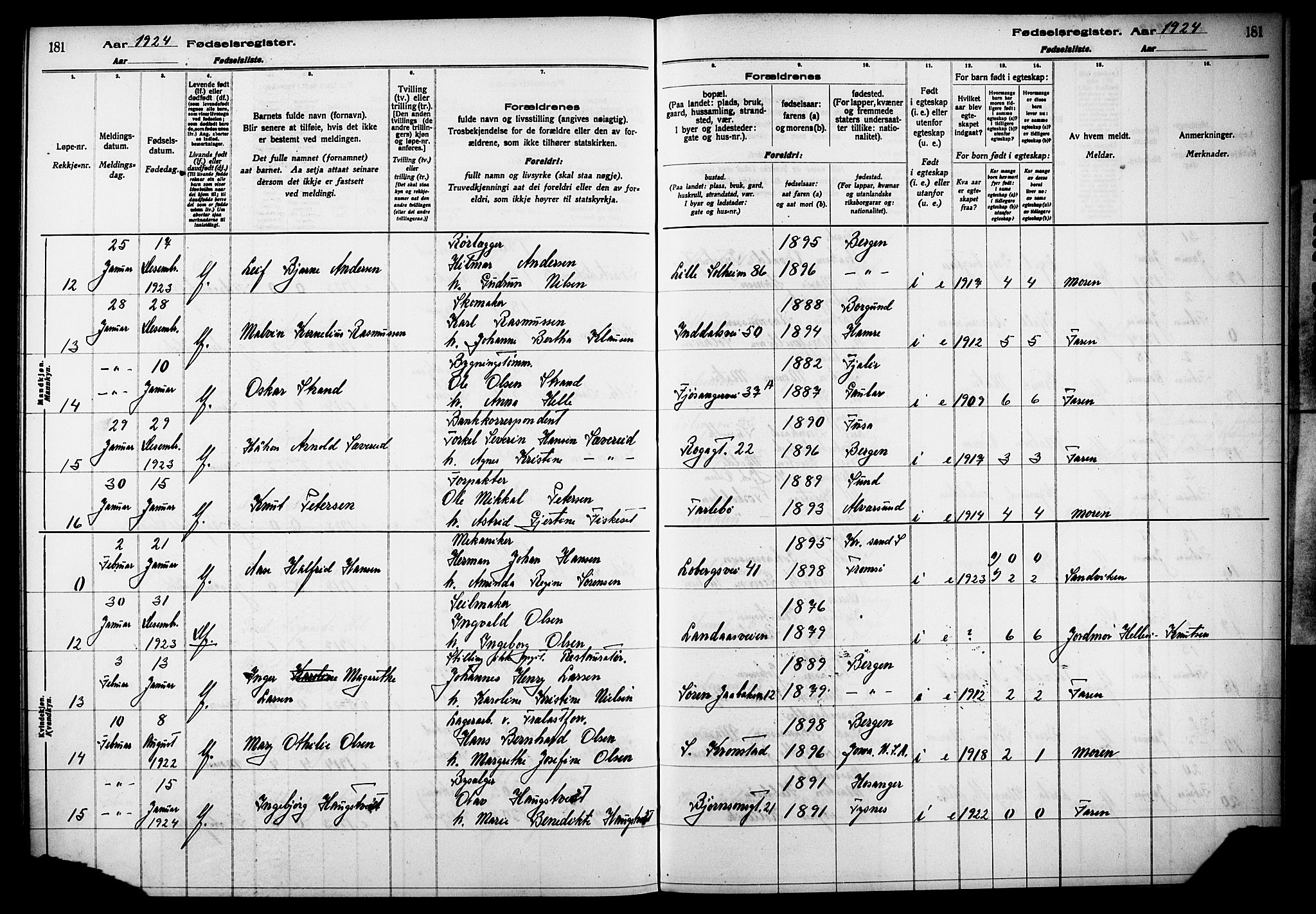 Årstad Sokneprestembete, AV/SAB-A-79301/I/Id/L0A02: Birth register no. A 2, 1920-1924, p. 181