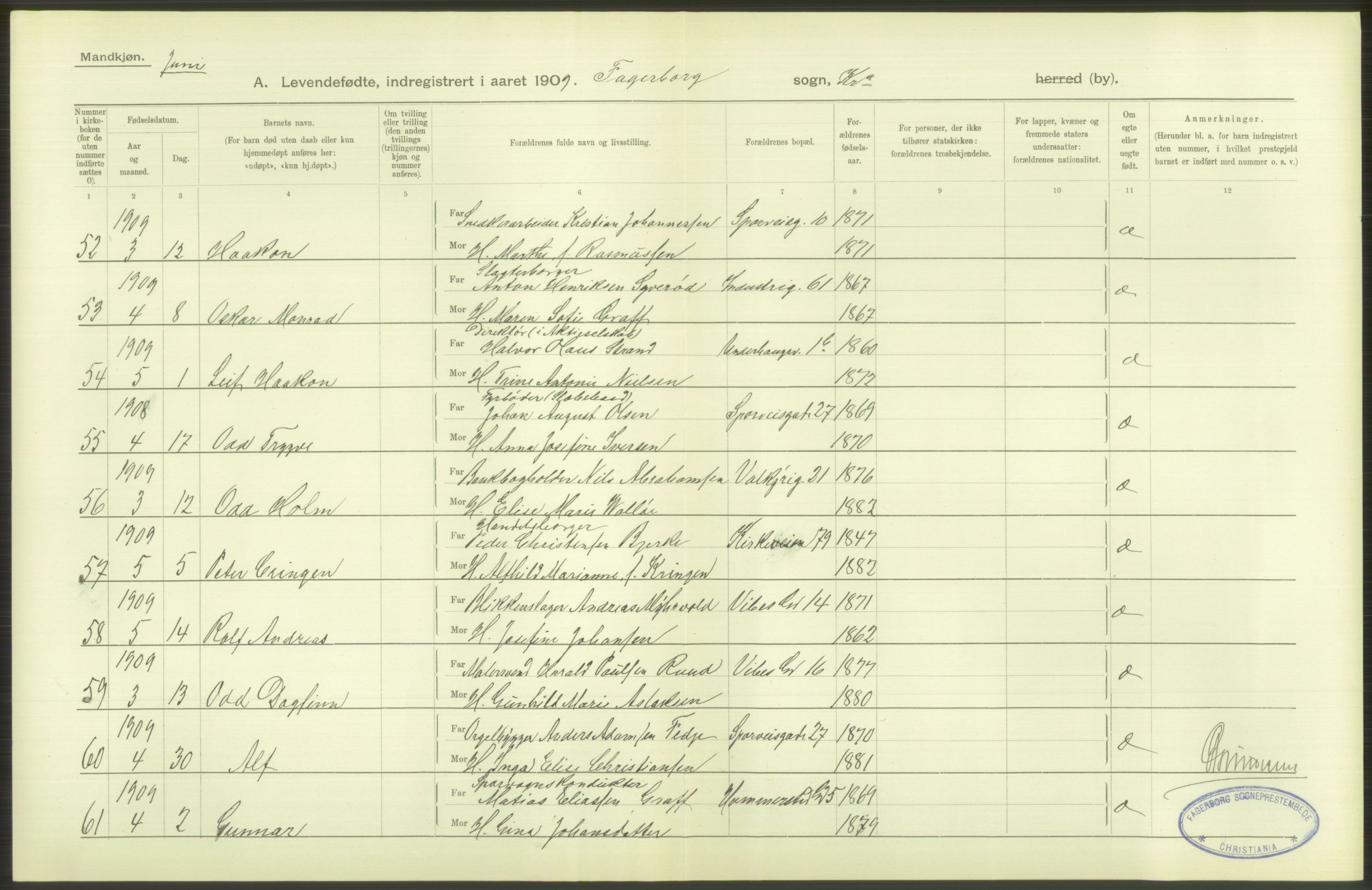 Statistisk sentralbyrå, Sosiodemografiske emner, Befolkning, AV/RA-S-2228/D/Df/Dfa/Dfag/L0007: Kristiania: Levendefødte menn og kvinner., 1909, p. 92