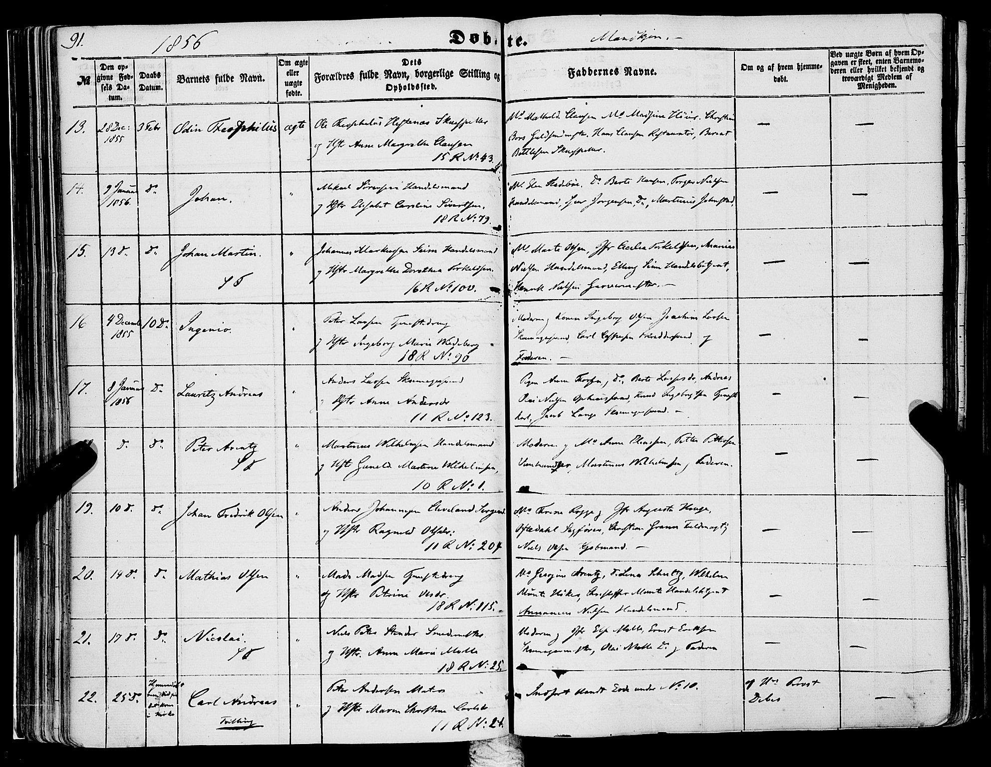 Domkirken sokneprestembete, AV/SAB-A-74801/H/Haa/L0020: Parish register (official) no. B 3, 1851-1859, p. 91