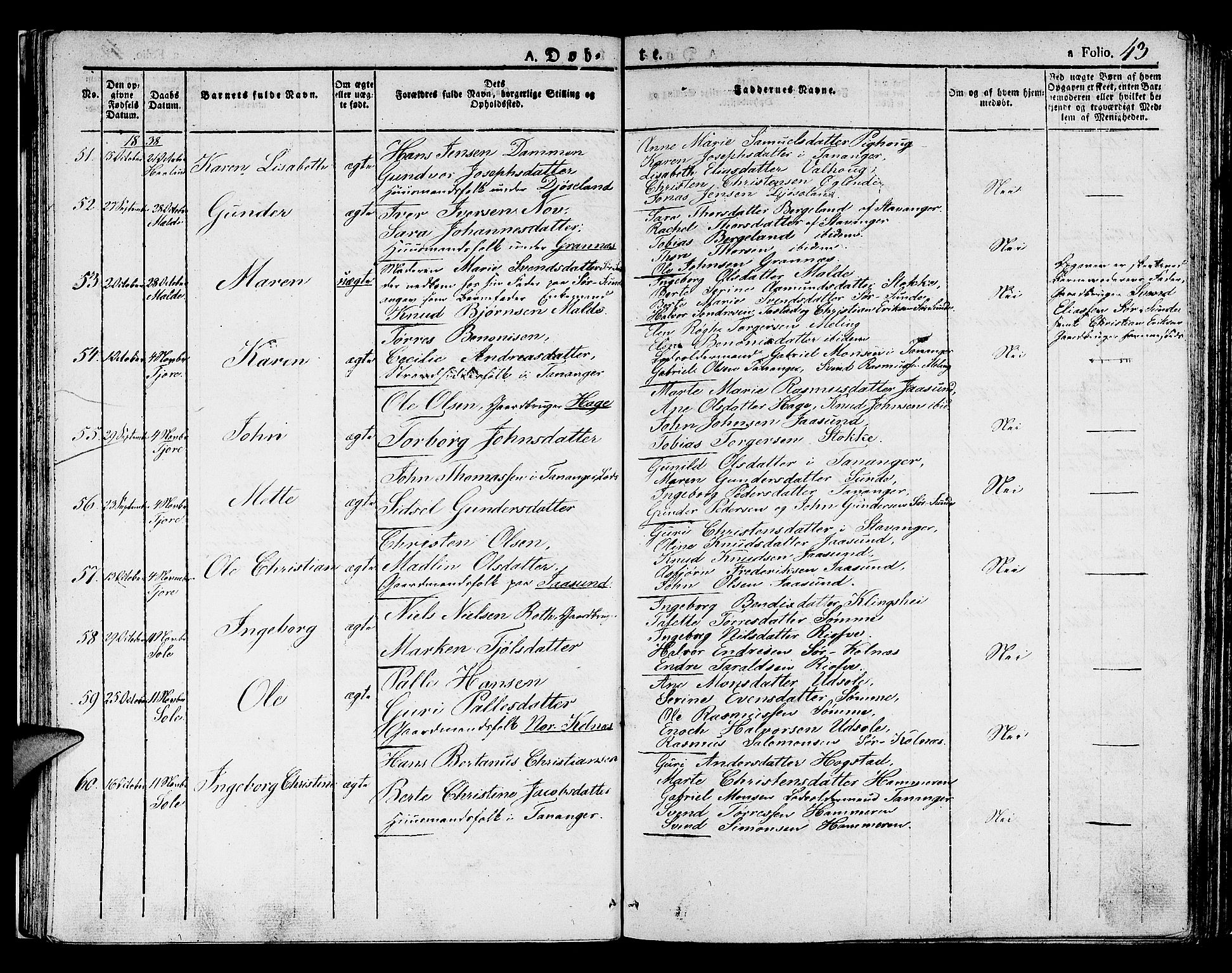 Håland sokneprestkontor, AV/SAST-A-101802/001/30BA/L0005: Parish register (official) no. A 5, 1829-1841, p. 43