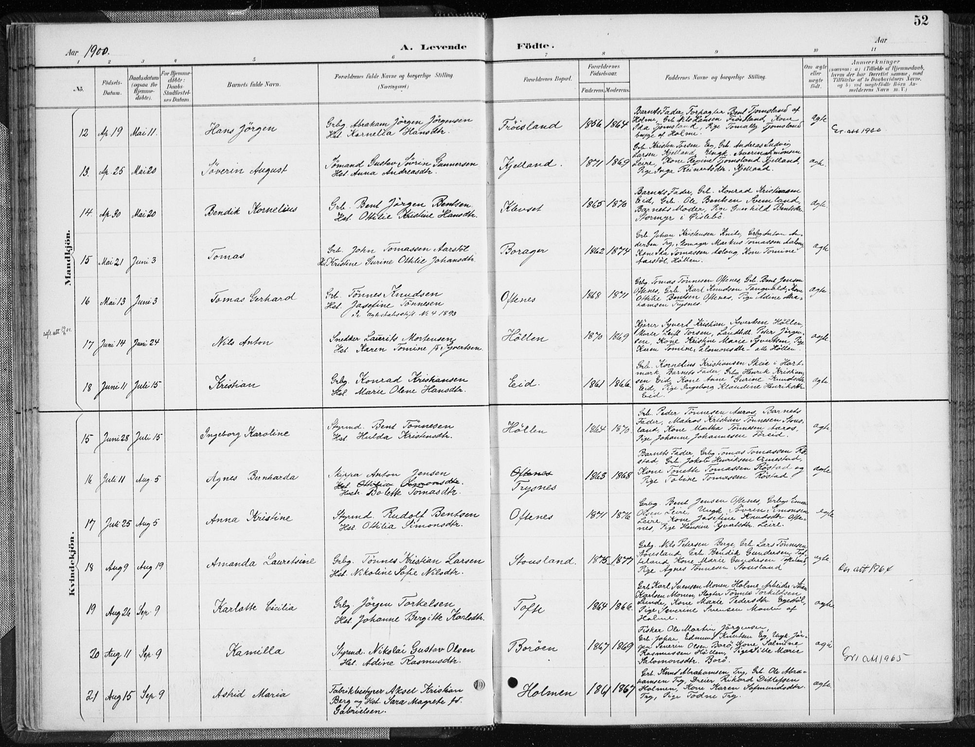 Søgne sokneprestkontor, AV/SAK-1111-0037/F/Fa/Fab/L0013: Parish register (official) no. A 13, 1892-1911, p. 52