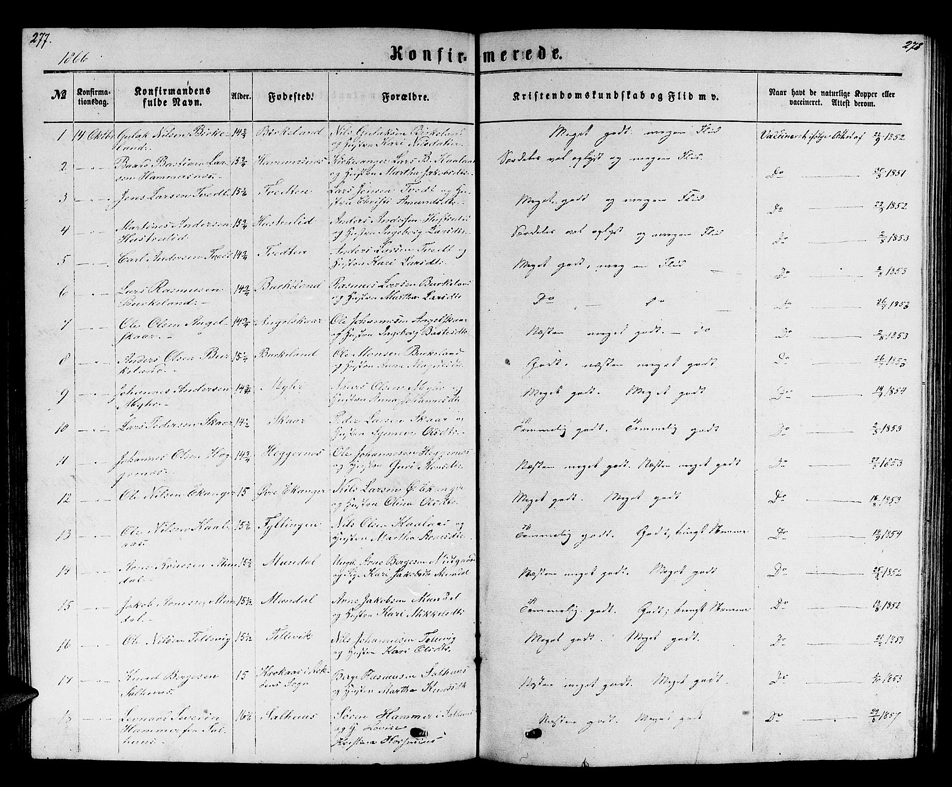 Hamre sokneprestembete, SAB/A-75501/H/Ha/Hab: Parish register (copy) no. B 2, 1863-1880, p. 277-278
