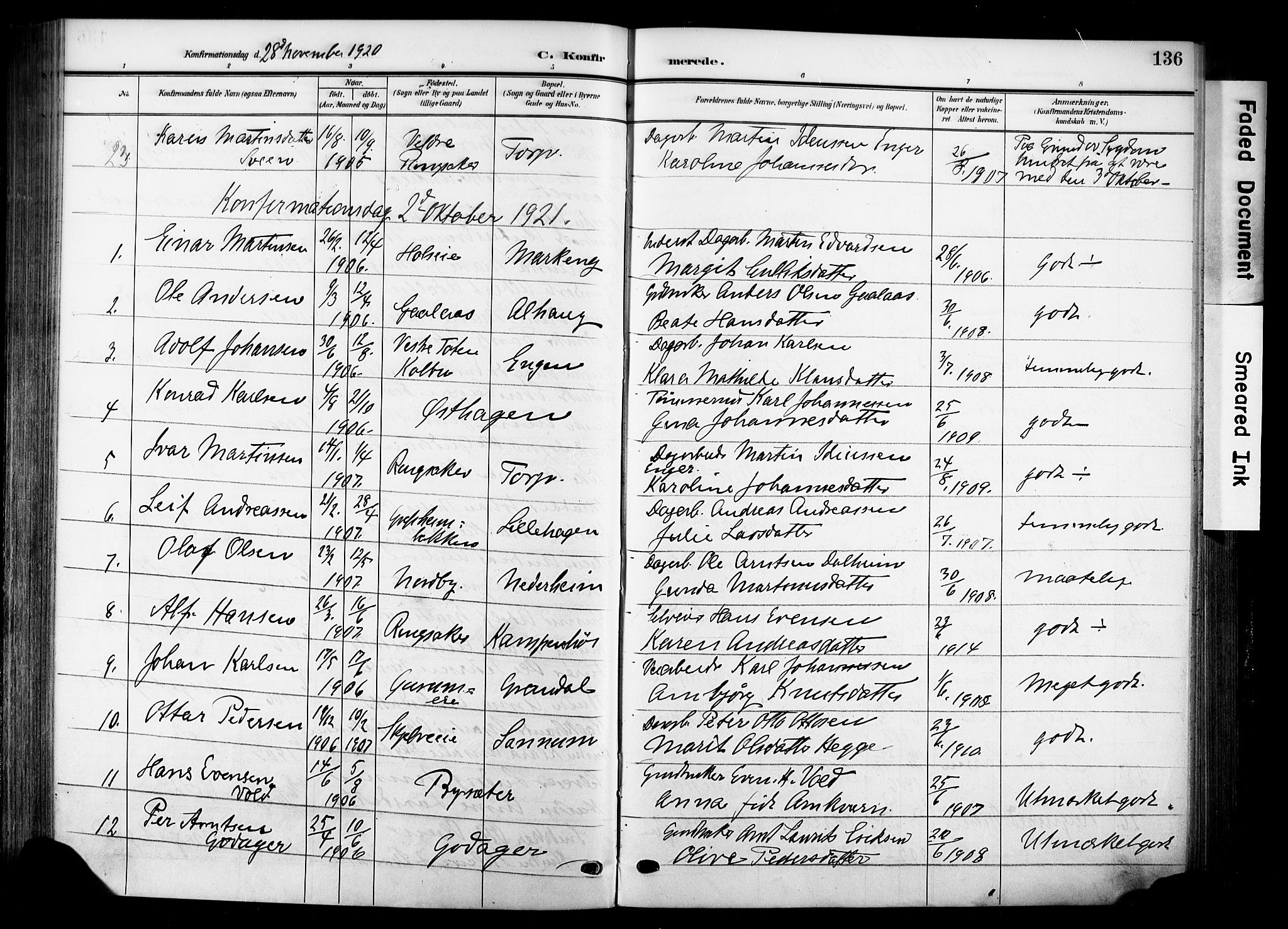 Nes prestekontor, Hedmark, SAH/PREST-020/K/Ka/L0014: Parish register (official) no. 14, 1906-1929, p. 136