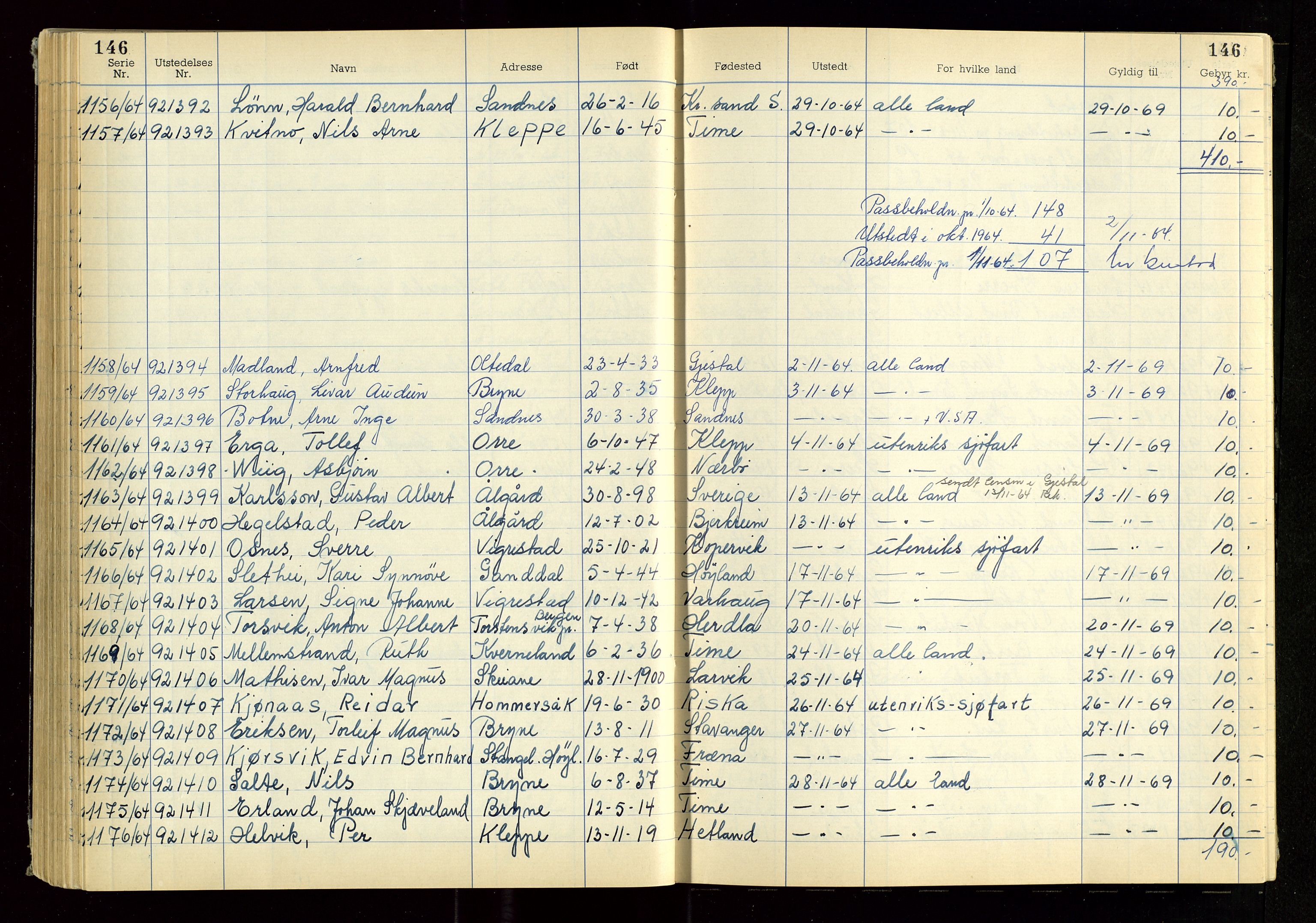 Rogaland politikammer, AV/SAST-A-101403/K/Ka/L0007: Passprotokoll, 1962-1966, p. 146