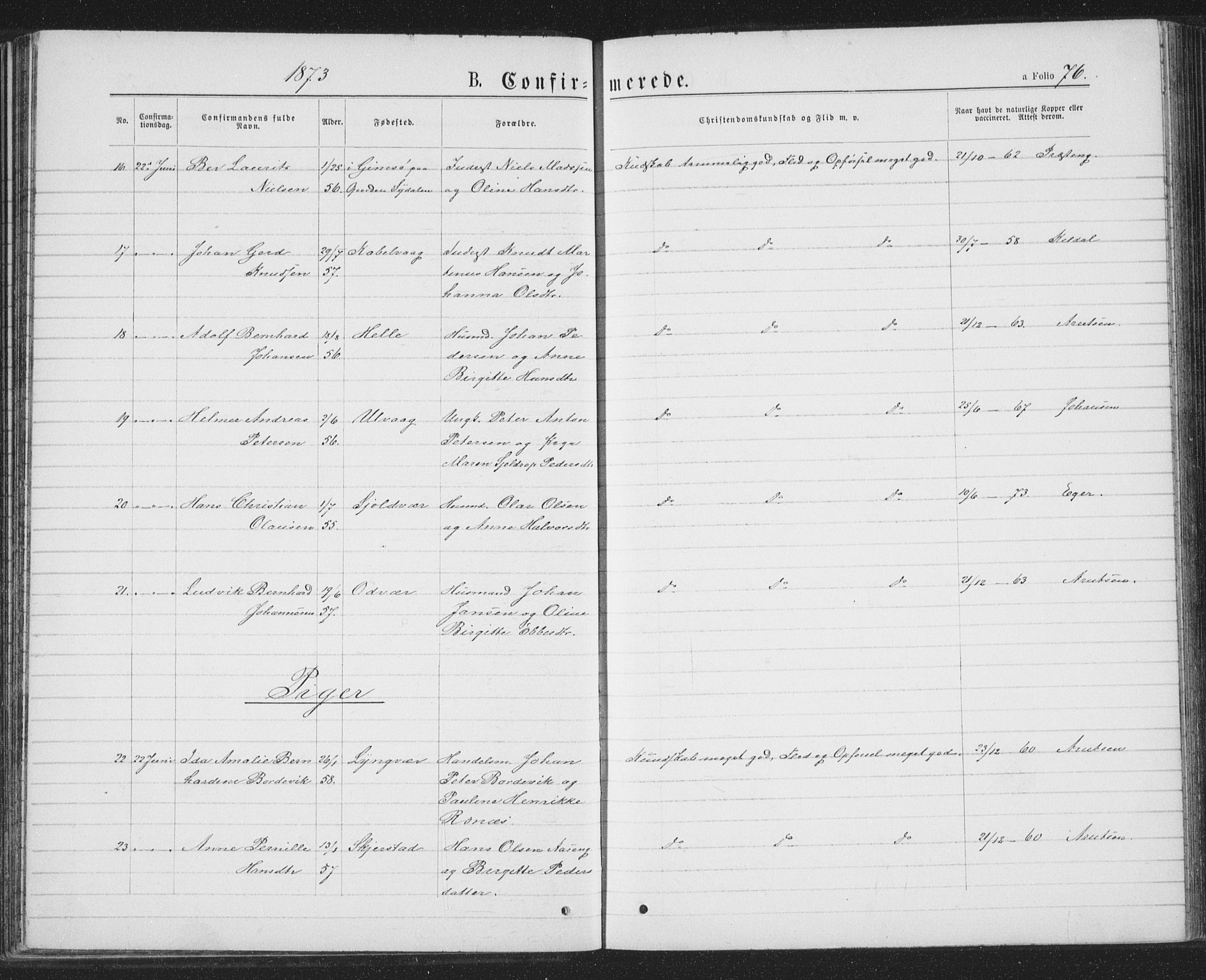 Ministerialprotokoller, klokkerbøker og fødselsregistre - Nordland, AV/SAT-A-1459/874/L1074: Parish register (copy) no. 874C03, 1870-1876, p. 76